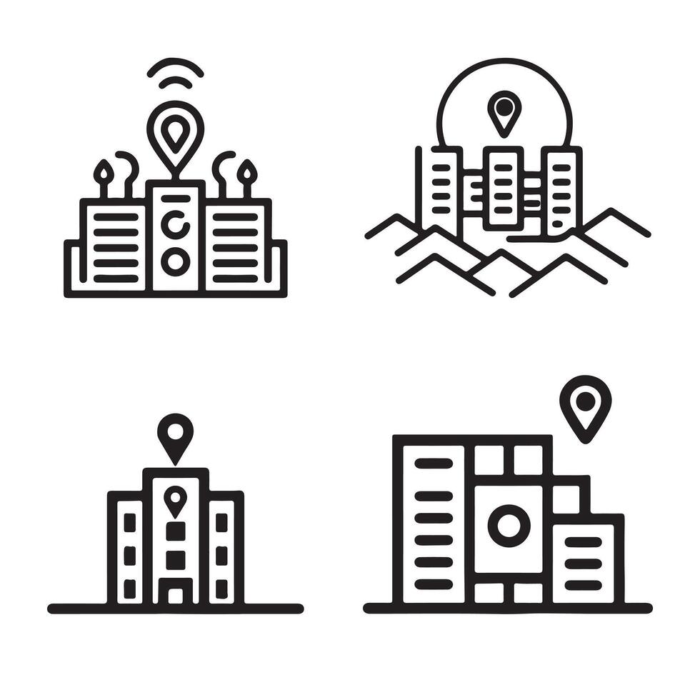 Building icons with tracker sign, Urban Building Icons with GPS Tracker Symbols for Mapping and Navigation vector