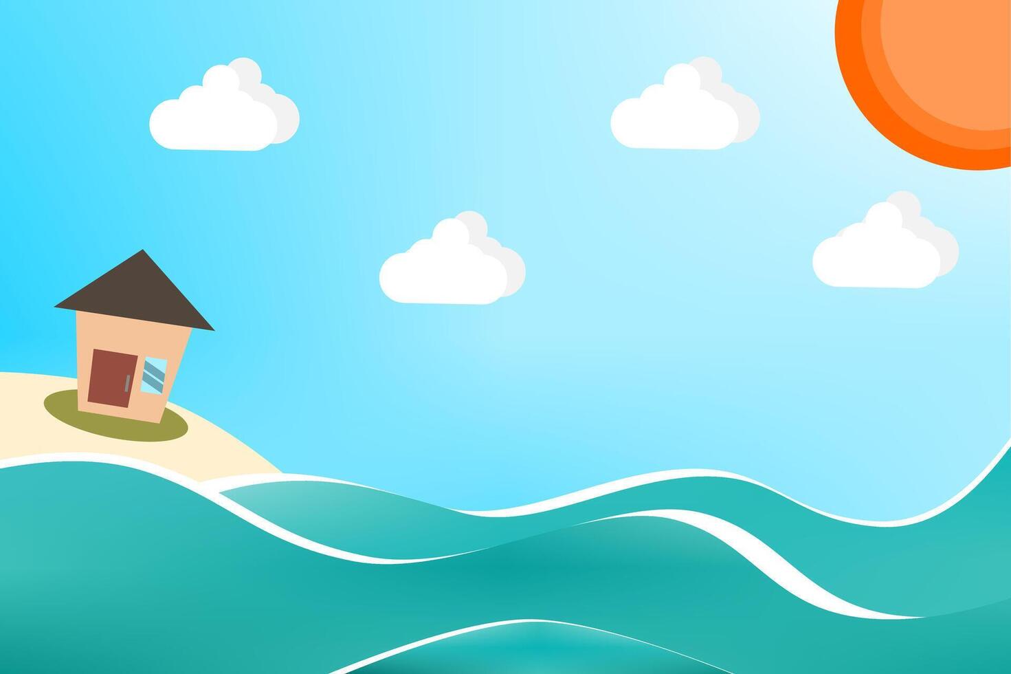 a house is floating in the water with the sun in the background. vector