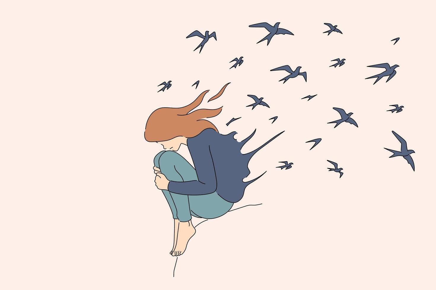 Depressive disorder in woman sitting on high cliff with birds flying out of back vector