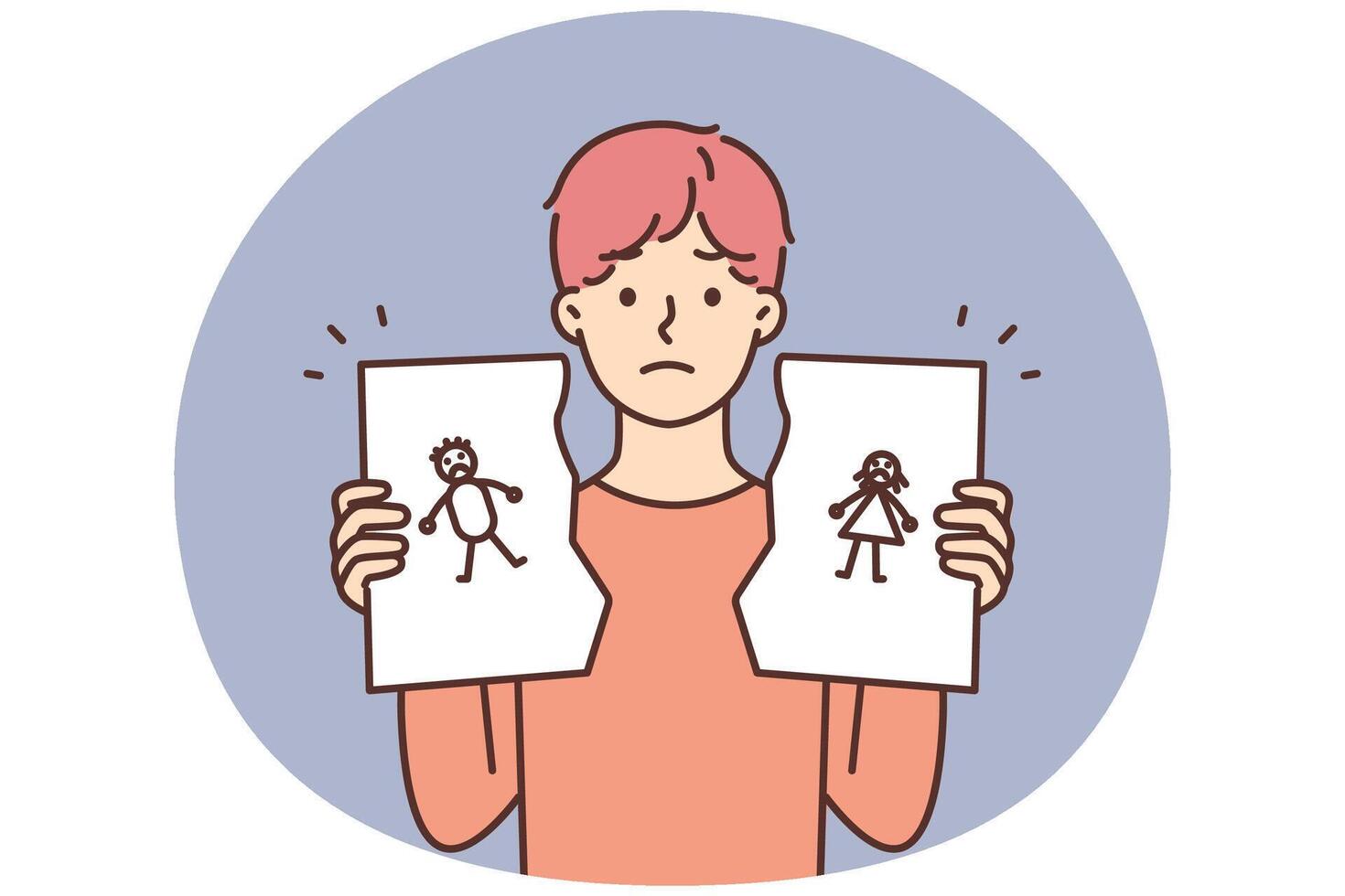 Unhappy child hold torn family picture vector