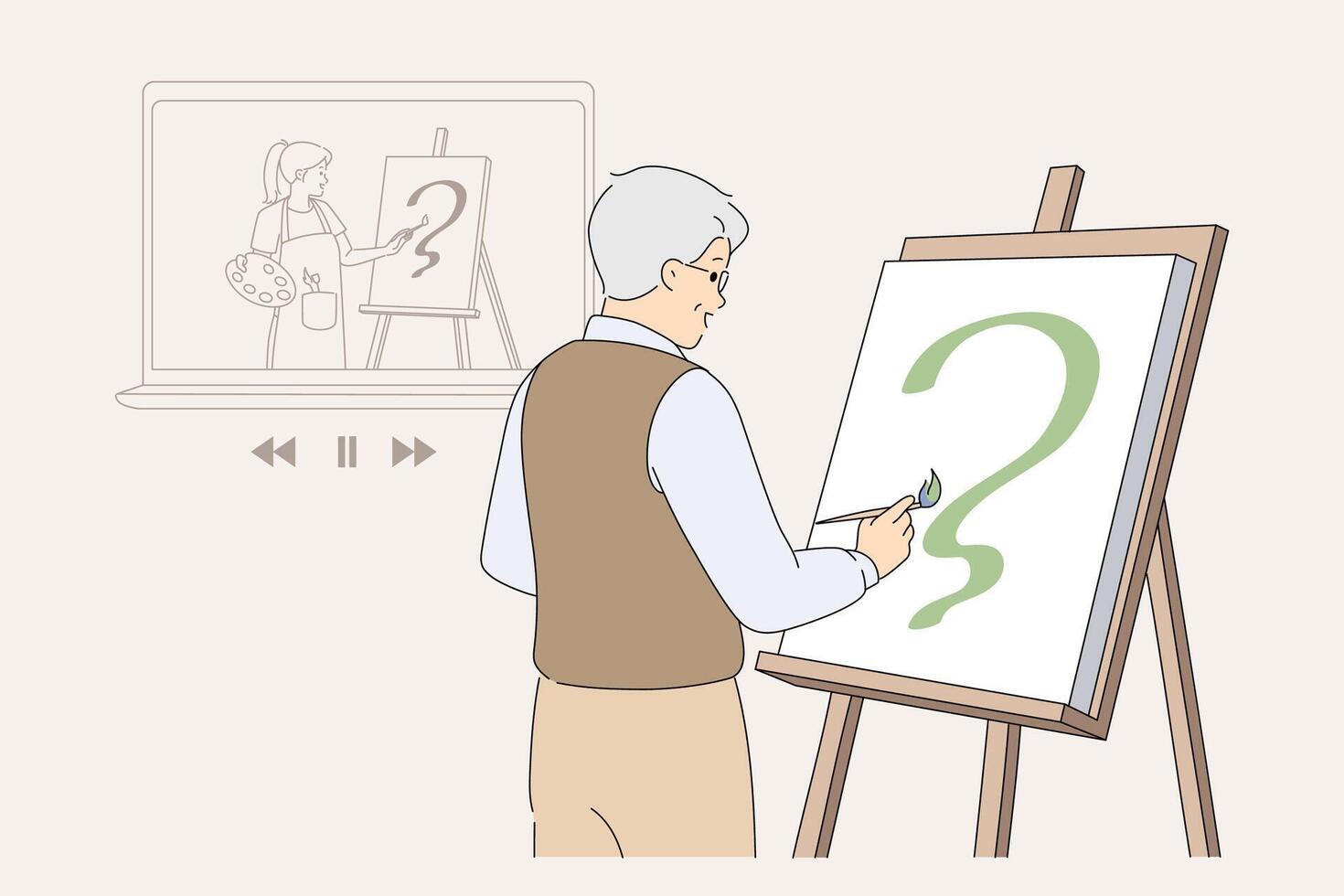 Elderly man artist draws picture using advice from online lesson, developing own creative potential vector