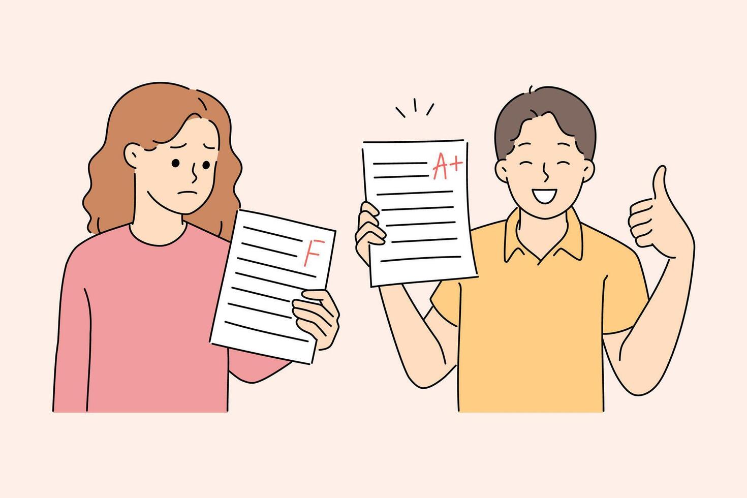 Different grades for school exams for boy and girl showing paper with test grade A or F vector