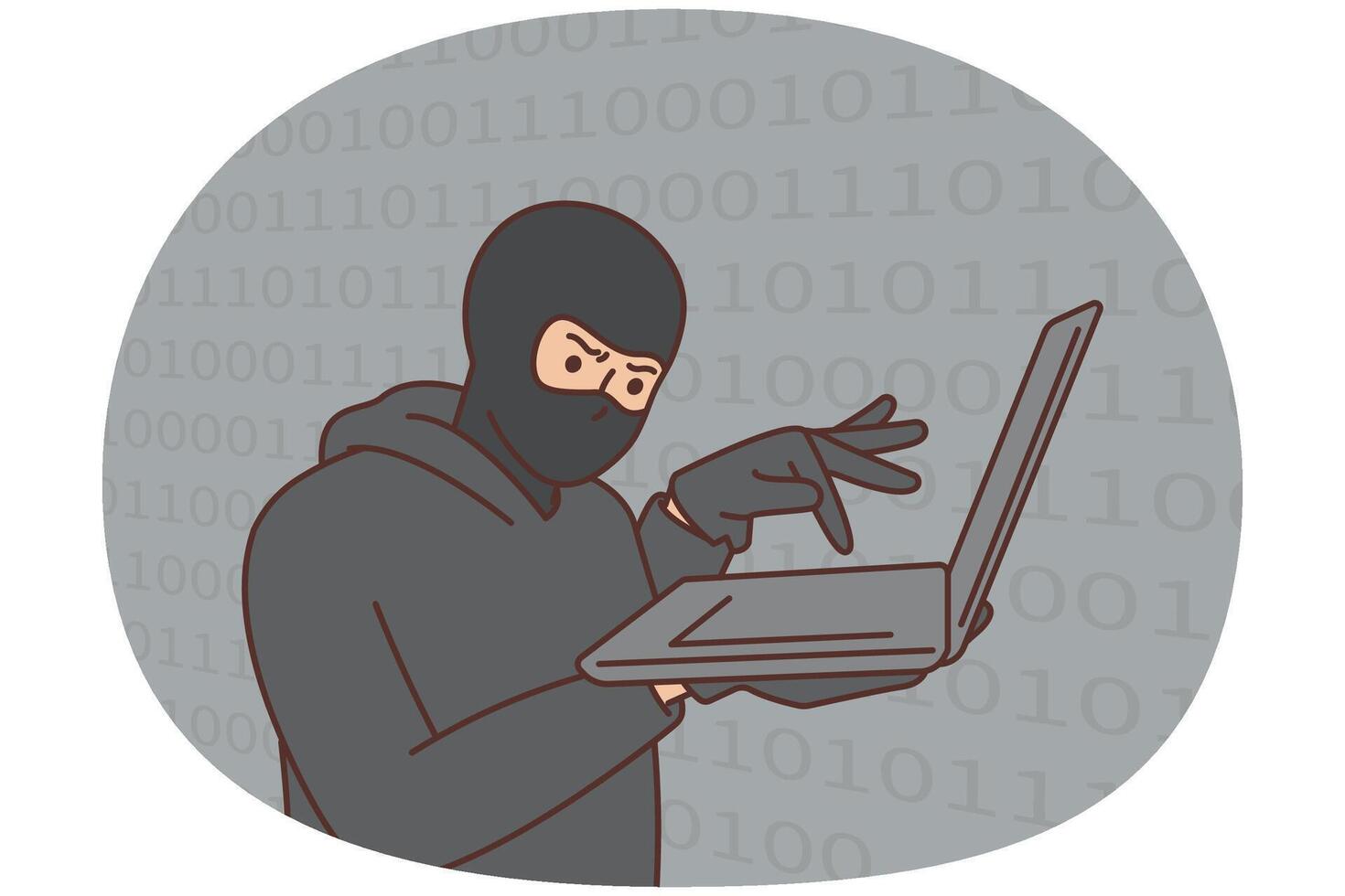 Hacker, cybercriminal with laptop stealing users personal data vector