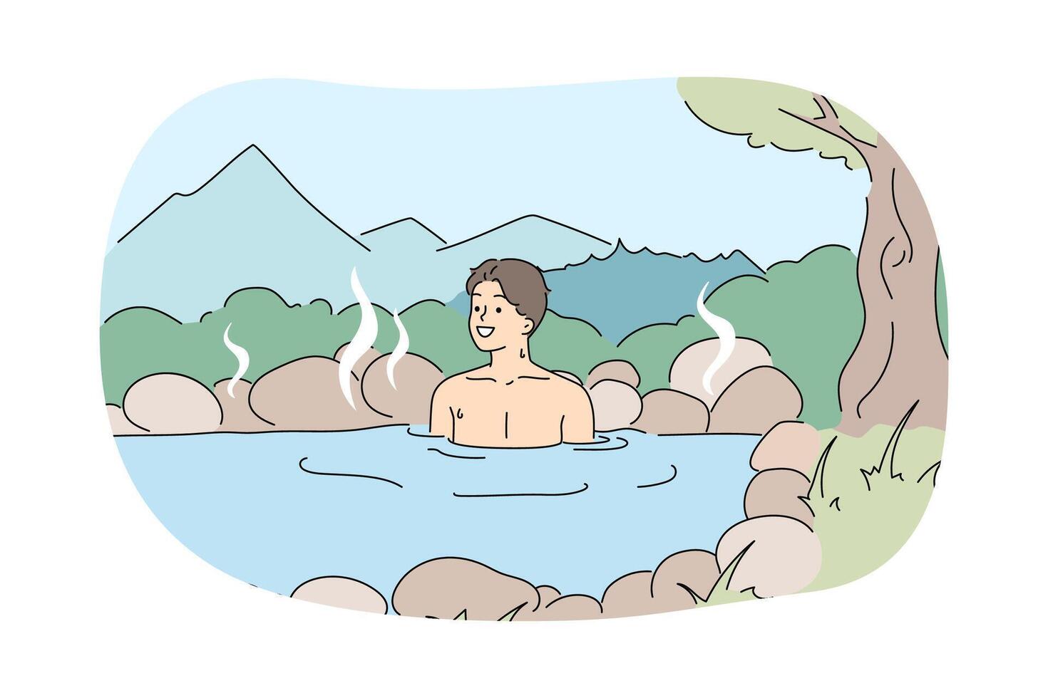 Man bathes in thermal spring in forest, using alternative medicine to improve health vector