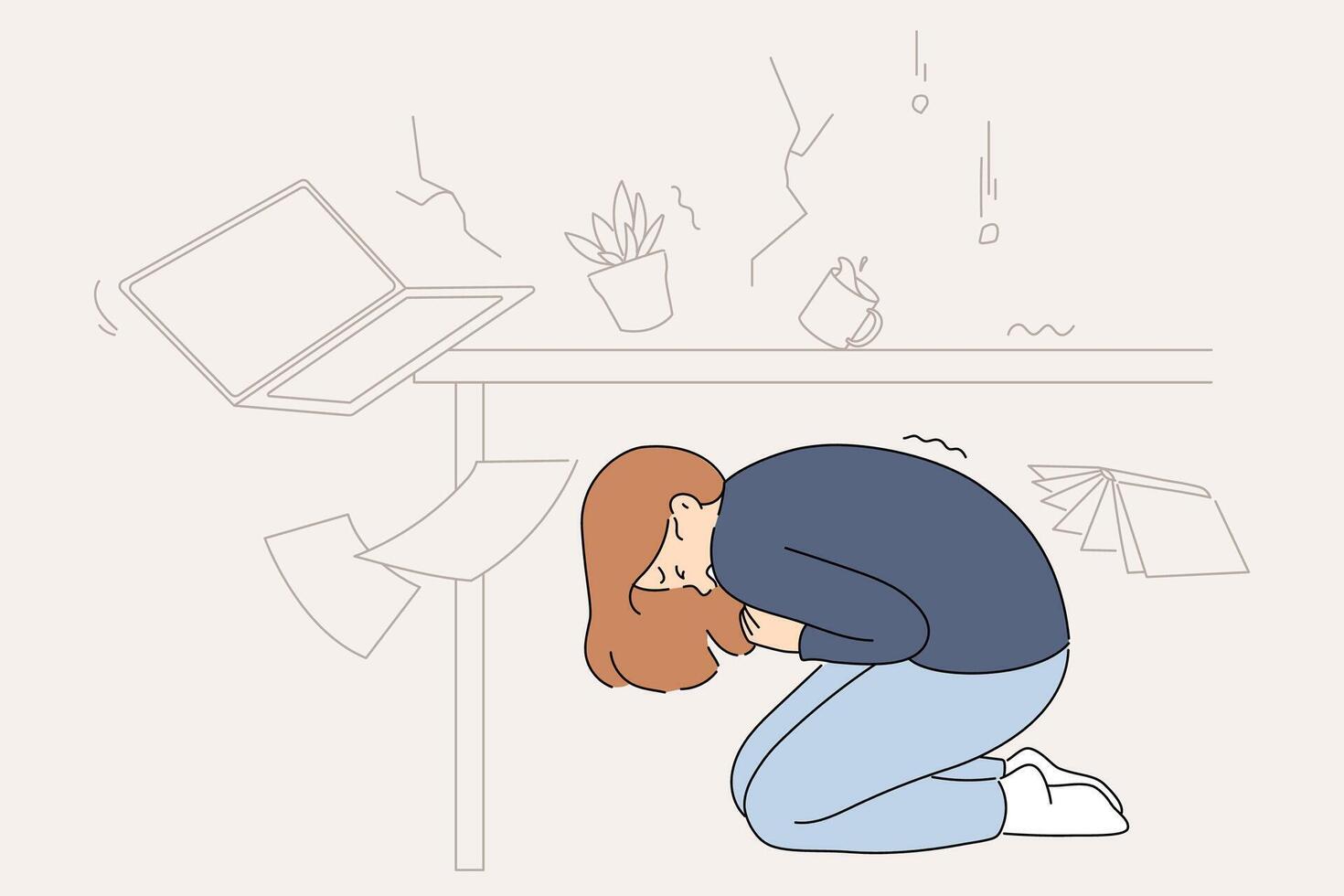 Earthquake frightened businesswoman who hid under table to escape falling objects vector