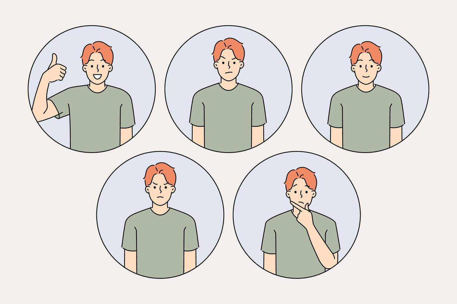 Man with different moods shows positive and negative or surprised grimace, stands in casual clothes vector