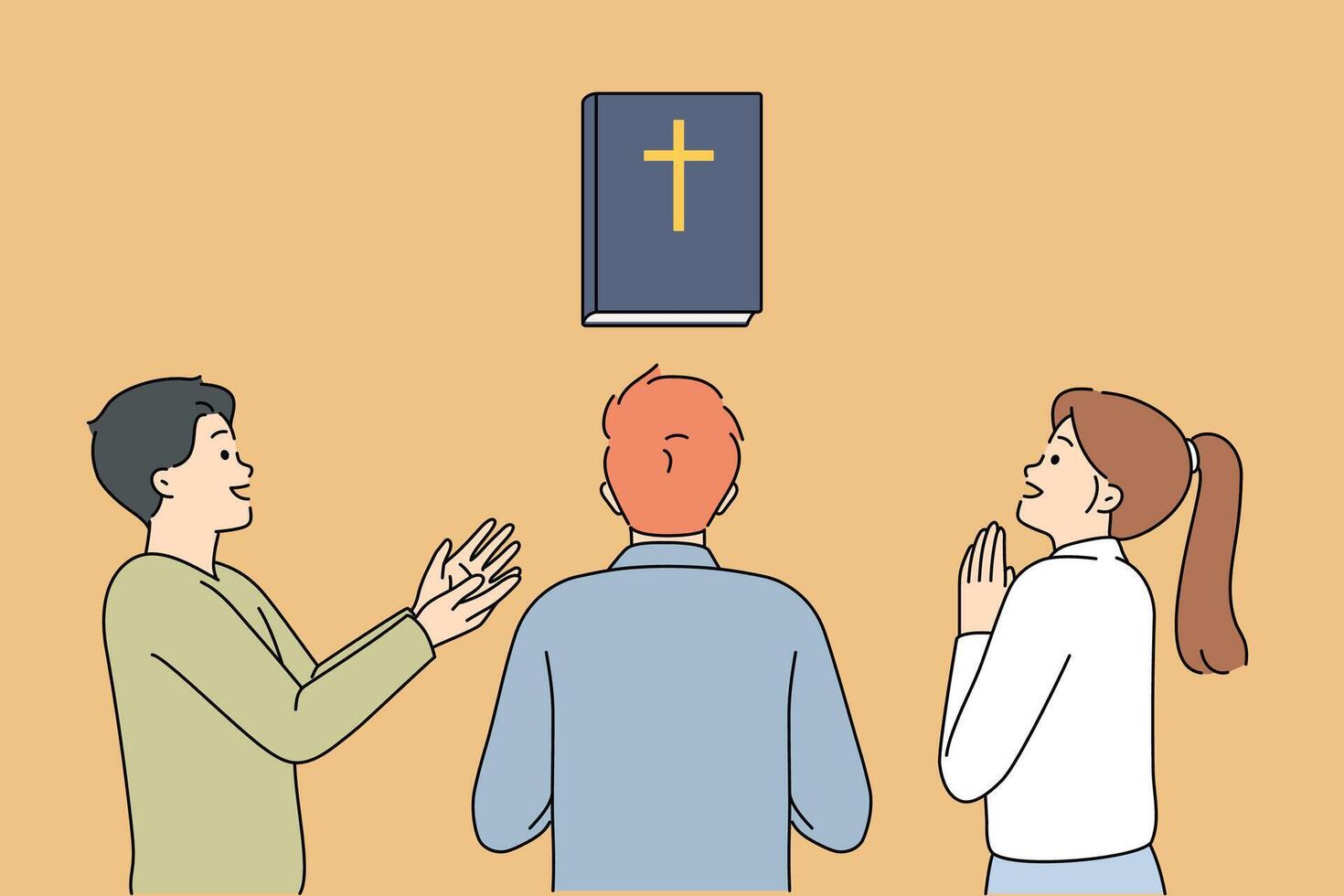 Holy bible near praying people enthusiastically looking at christian book with prayers vector