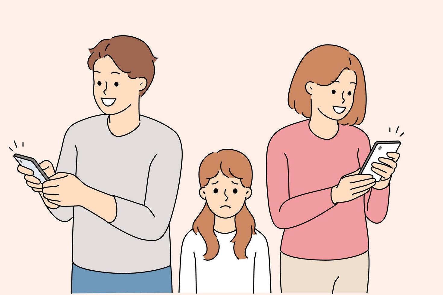 Addiction to smartphones among parents who ignore daughter, forgetting about importance upbringing vector