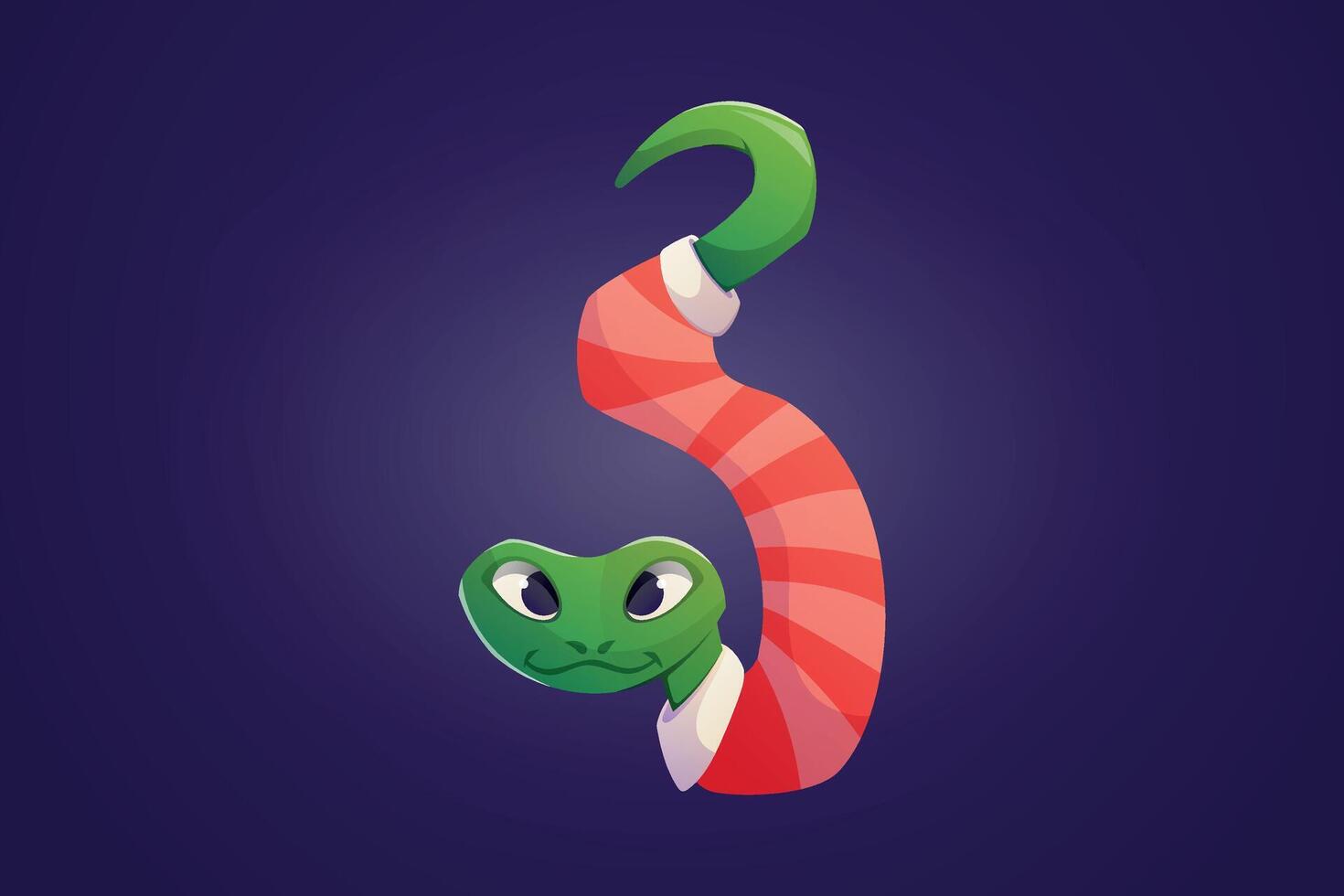Festive Christmas green tree Snake, Character with Striped Santa Clothes. Symbol of Chinese New Year 2025. Fun and Whimsical Holiday cartoon isolated Illustration in Bright Colors. vector