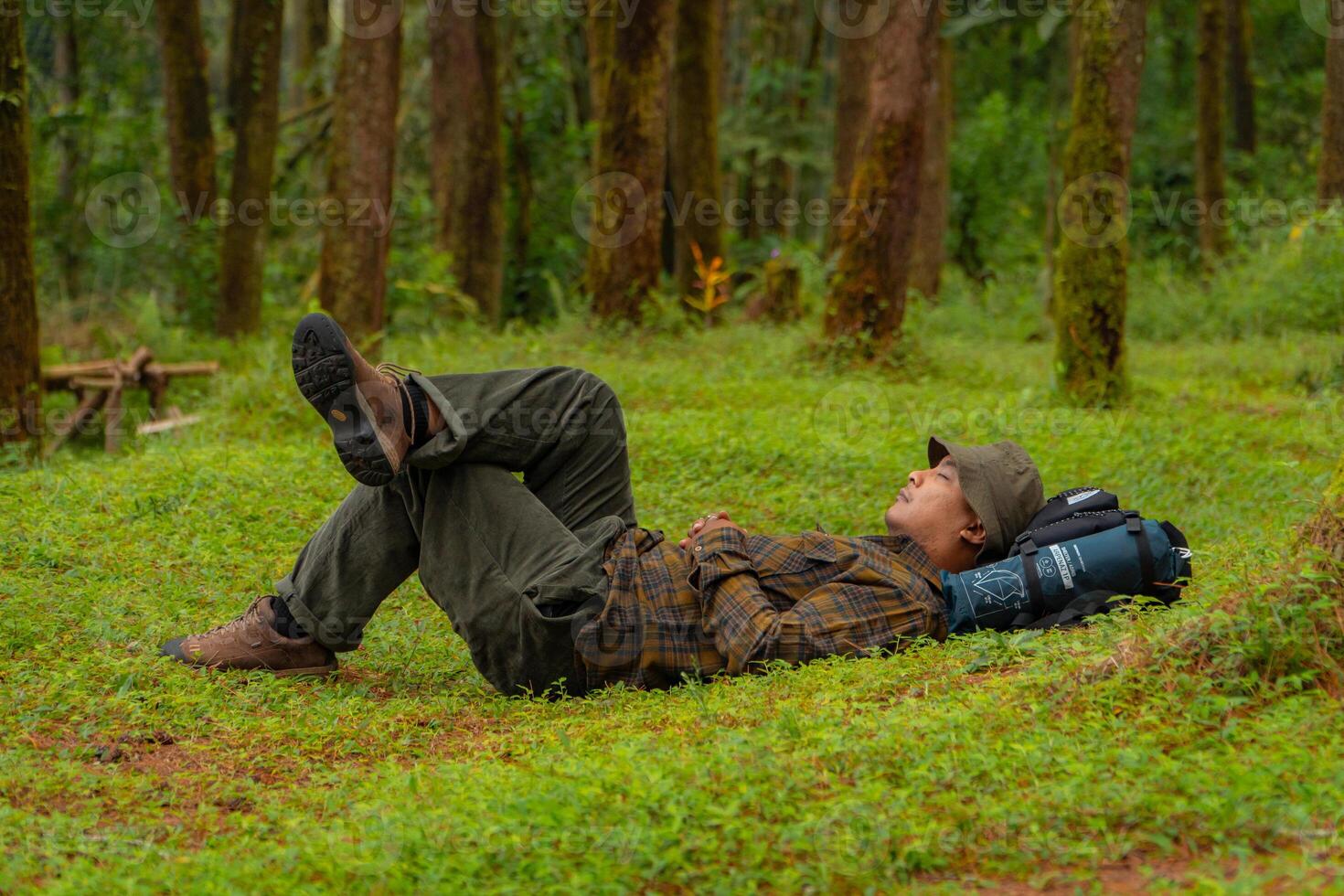 Asian adventurers enjoy the serenity of the wild by resting on the green grass in the pine forest area. A male adventurer was lying on the green grass in a quiet pine forest area. photo