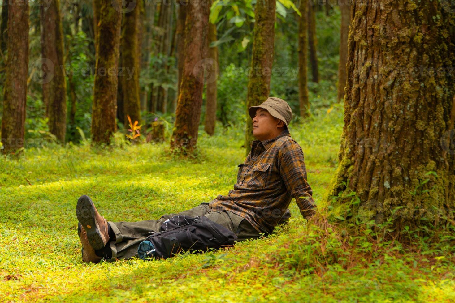 Asian man wearing flannel shirt, bucket hat is sitting and resting while enjoying the tranquility of nature. An adventurer is sitting daydreaming on green grass in a lush pine forest area photo