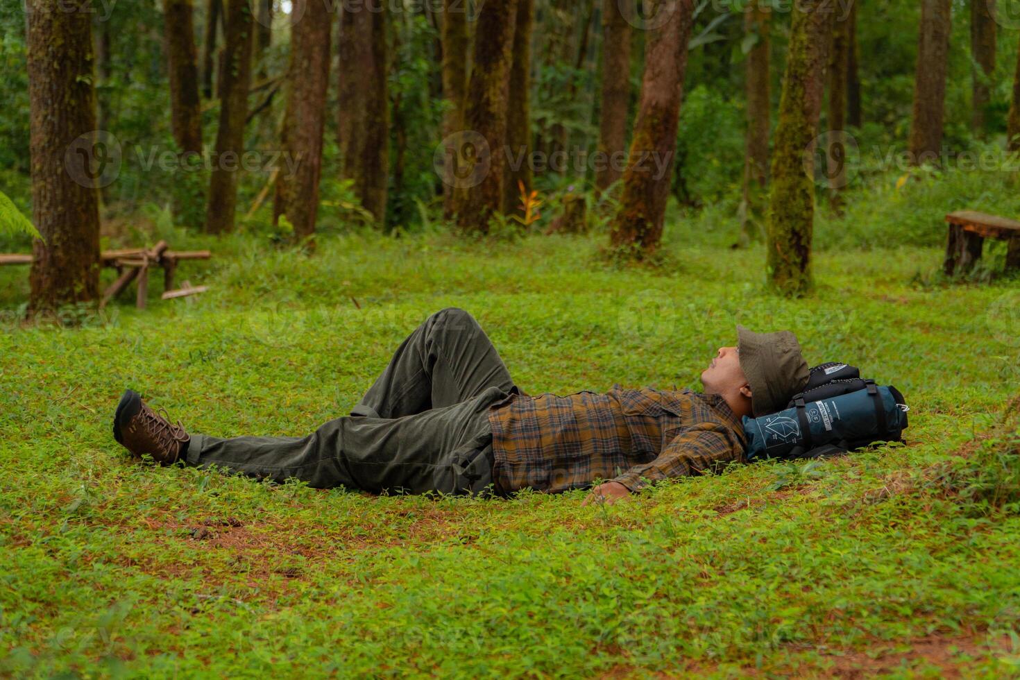 Asian adventurers enjoy the serenity of the wild by resting on the green grass in the pine forest area. A male adventurer was lying on the green grass in a quiet pine forest area. photo
