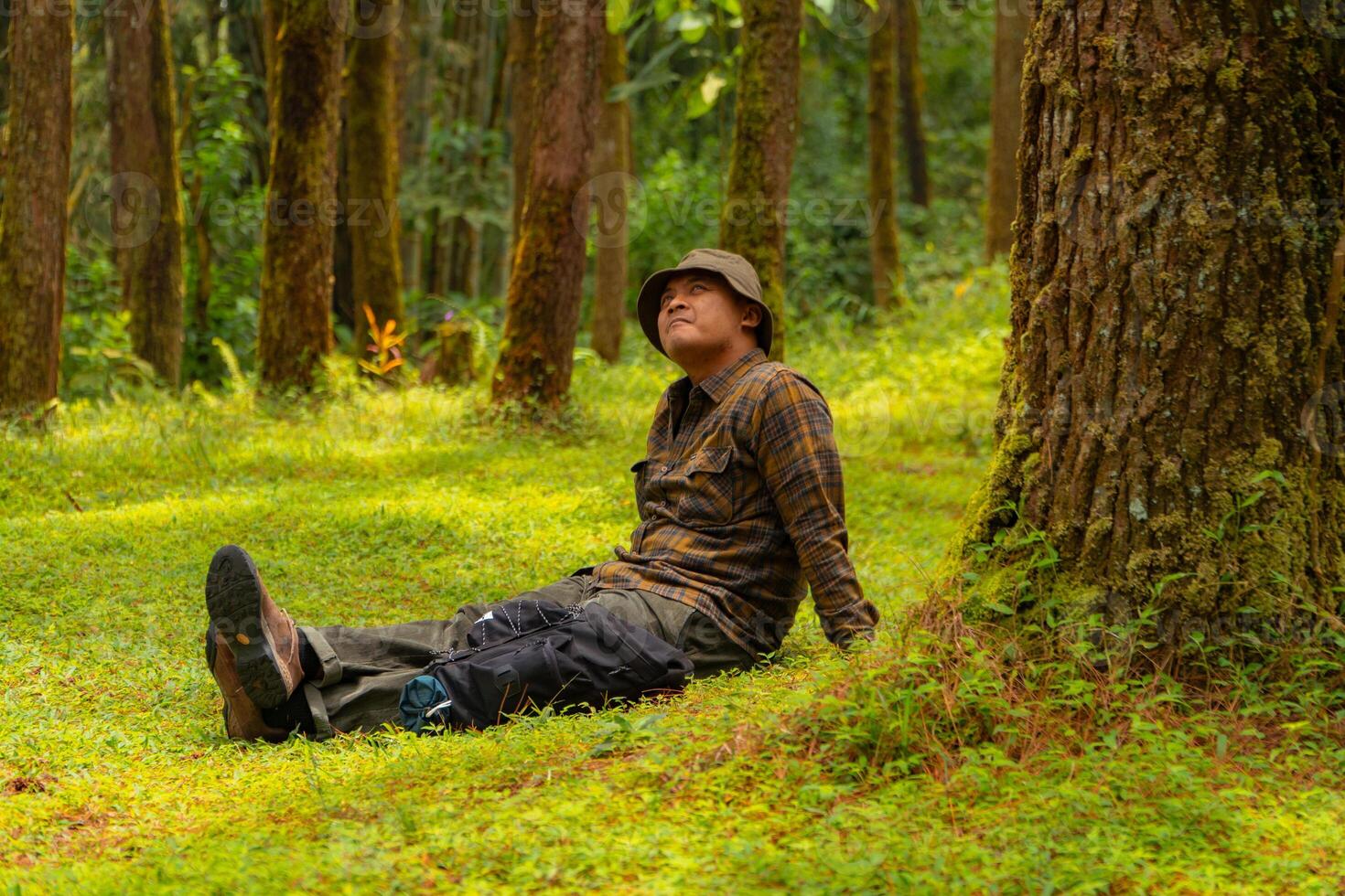 Asian man wearing flannel shirt, bucket hat is sitting and resting while enjoying the tranquility of nature. An adventurer is sitting daydreaming on green grass in a lush pine forest area photo