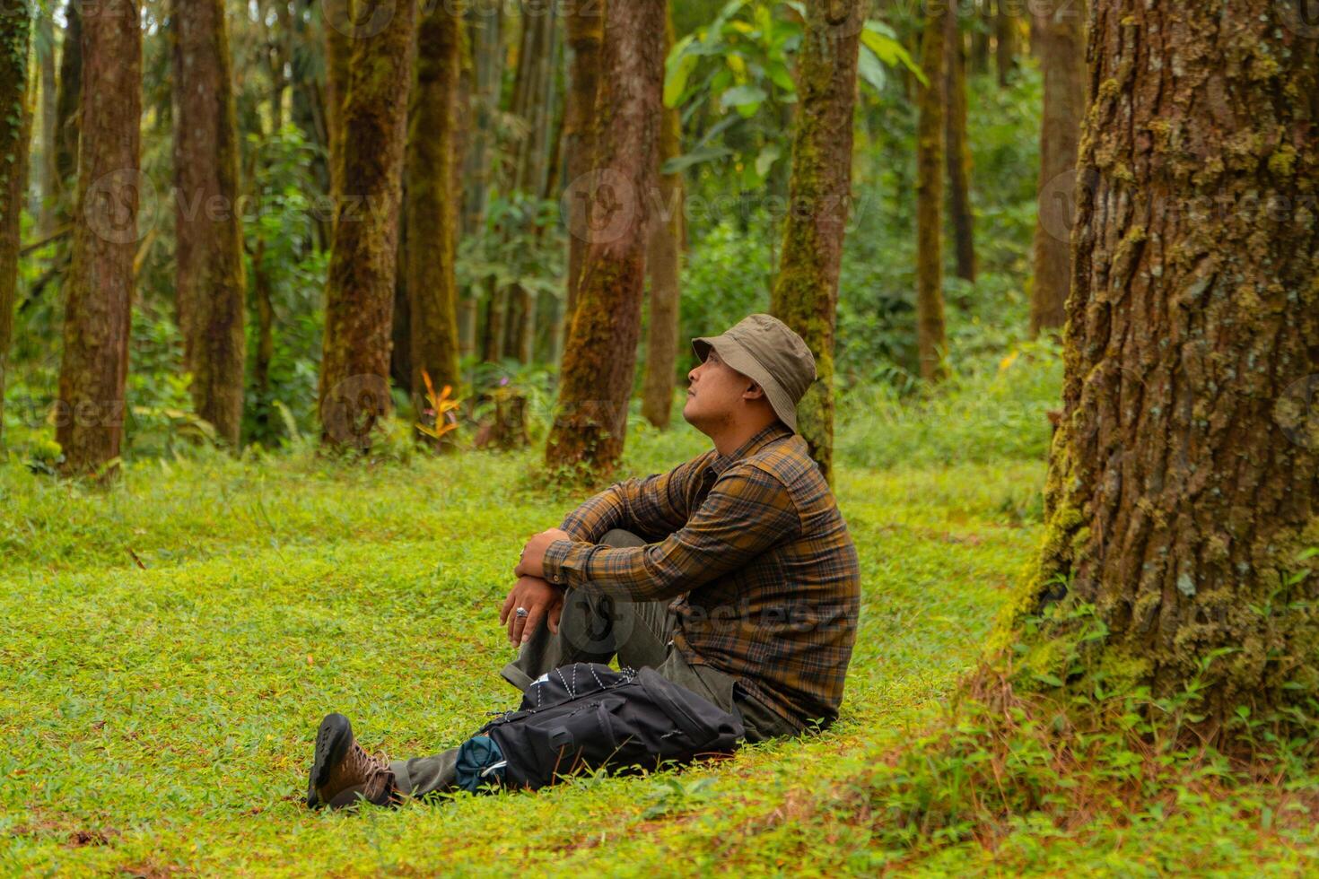 Asian man wearing flannel shirt, bucket hat is sitting and resting while enjoying the tranquility of nature. An adventurer is sitting daydreaming on green grass in a lush pine forest area photo