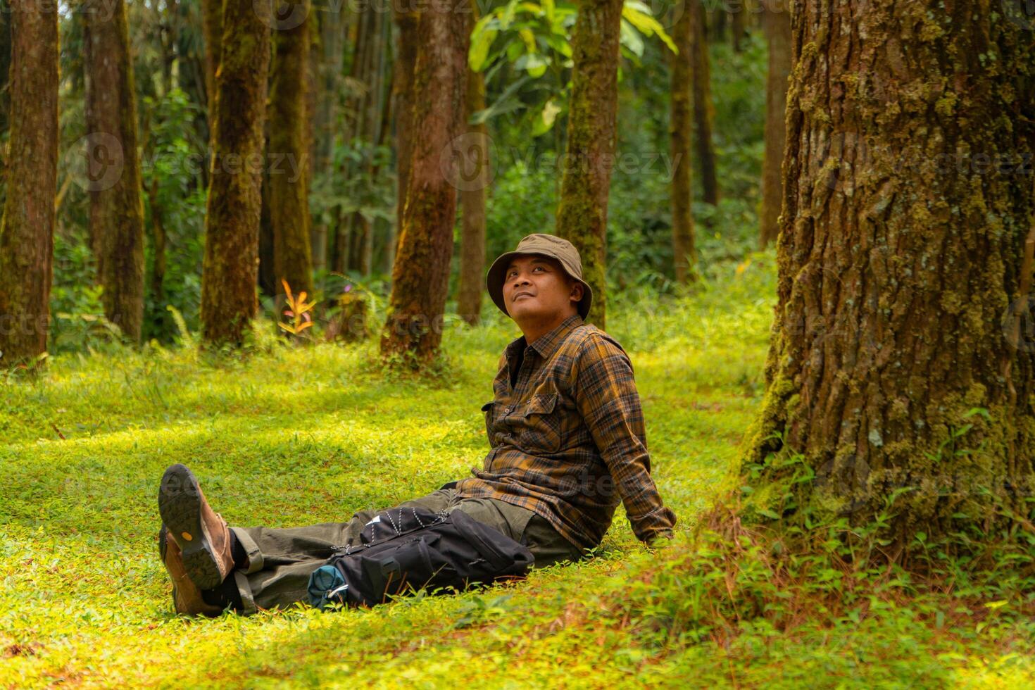 Asian man wearing flannel shirt, bucket hat is sitting and resting while enjoying the tranquility of nature. An adventurer is sitting daydreaming on green grass in a lush pine forest area photo