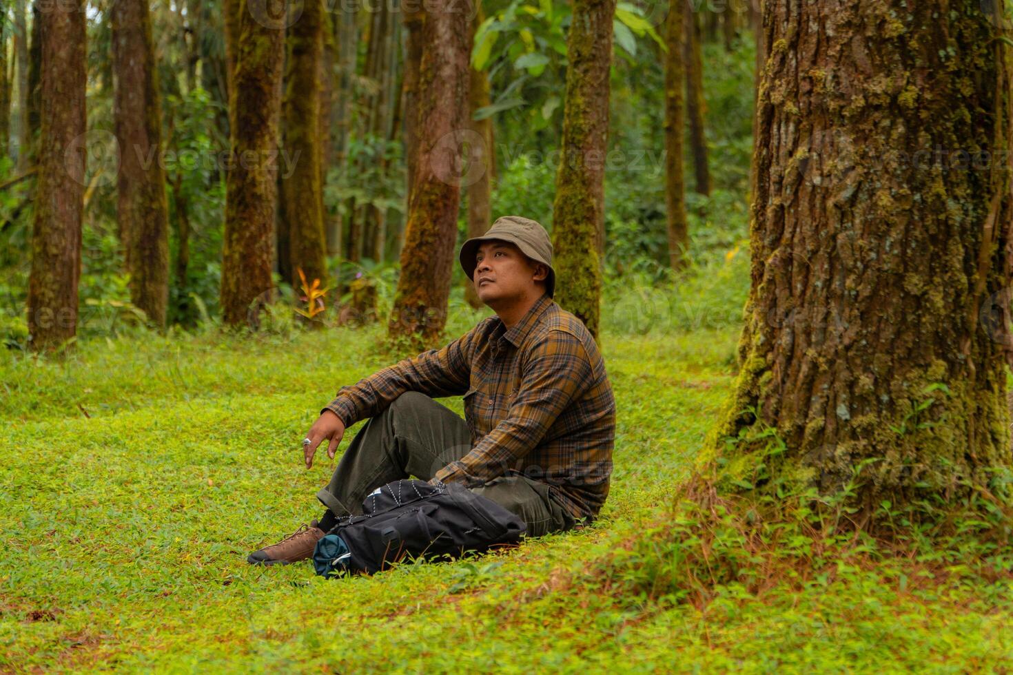 Asian man wearing flannel shirt, bucket hat is sitting and resting while enjoying the tranquility of nature. An adventurer is sitting daydreaming on green grass in a lush pine forest area photo