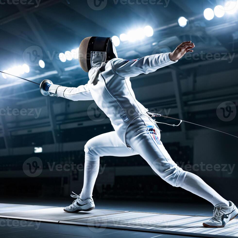 Action of a Fencer Lunging Forward in Competition photo