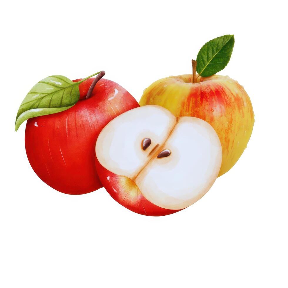 High Resolution Red Apple Illustration with Leaves Fresh Fruit photo