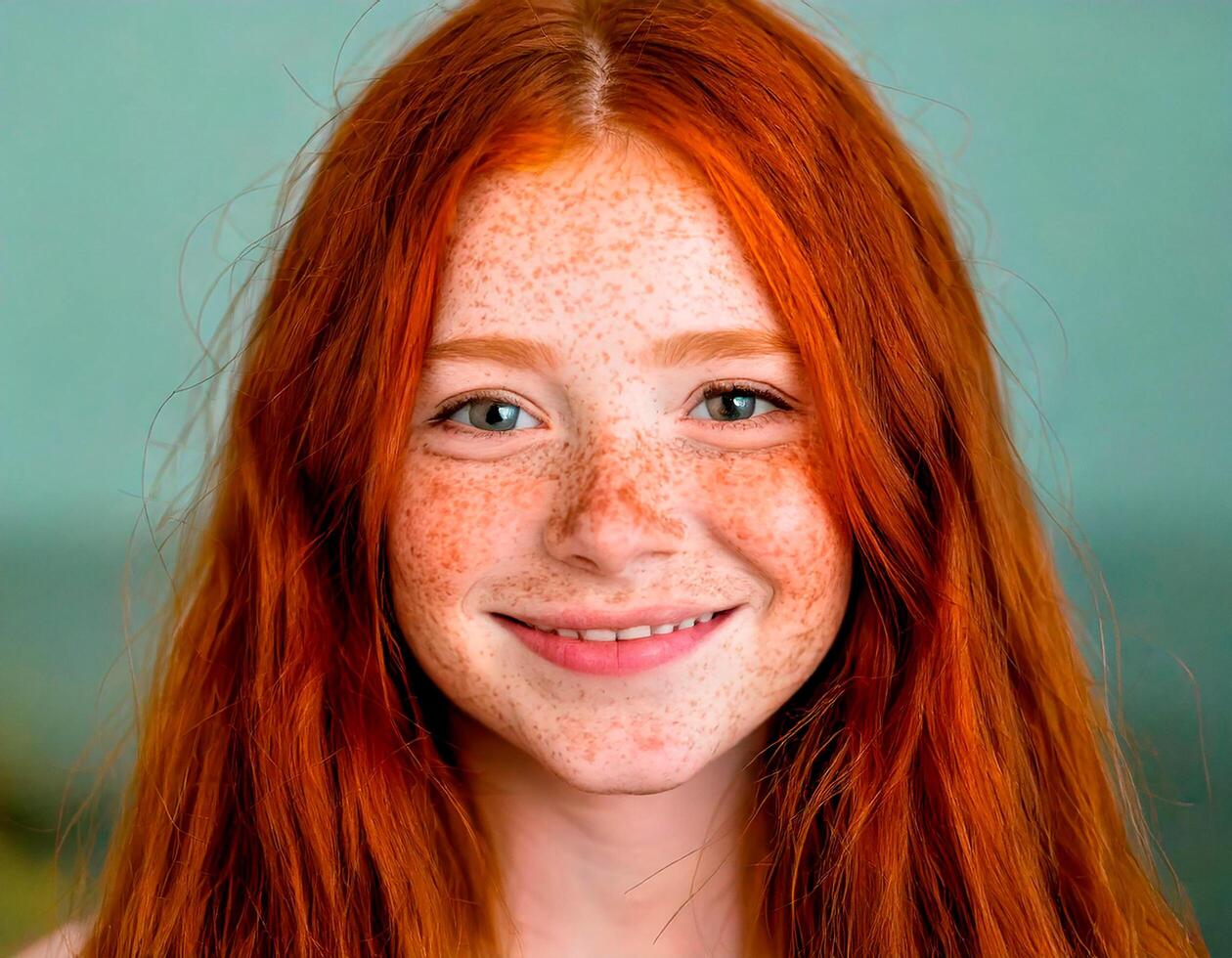 Smiling Girl with Red Hair and Freckles photo