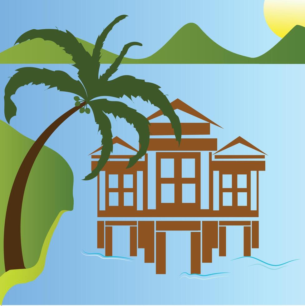 Tropical Beach House on Water with Palm Trees - Scenic Oceanfront Landscape Illustration vector
