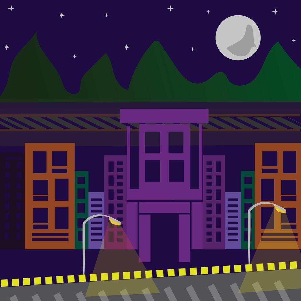 Night Cityscape Illustration with Streetlights and Full Moon - Urban Skyline Art vector