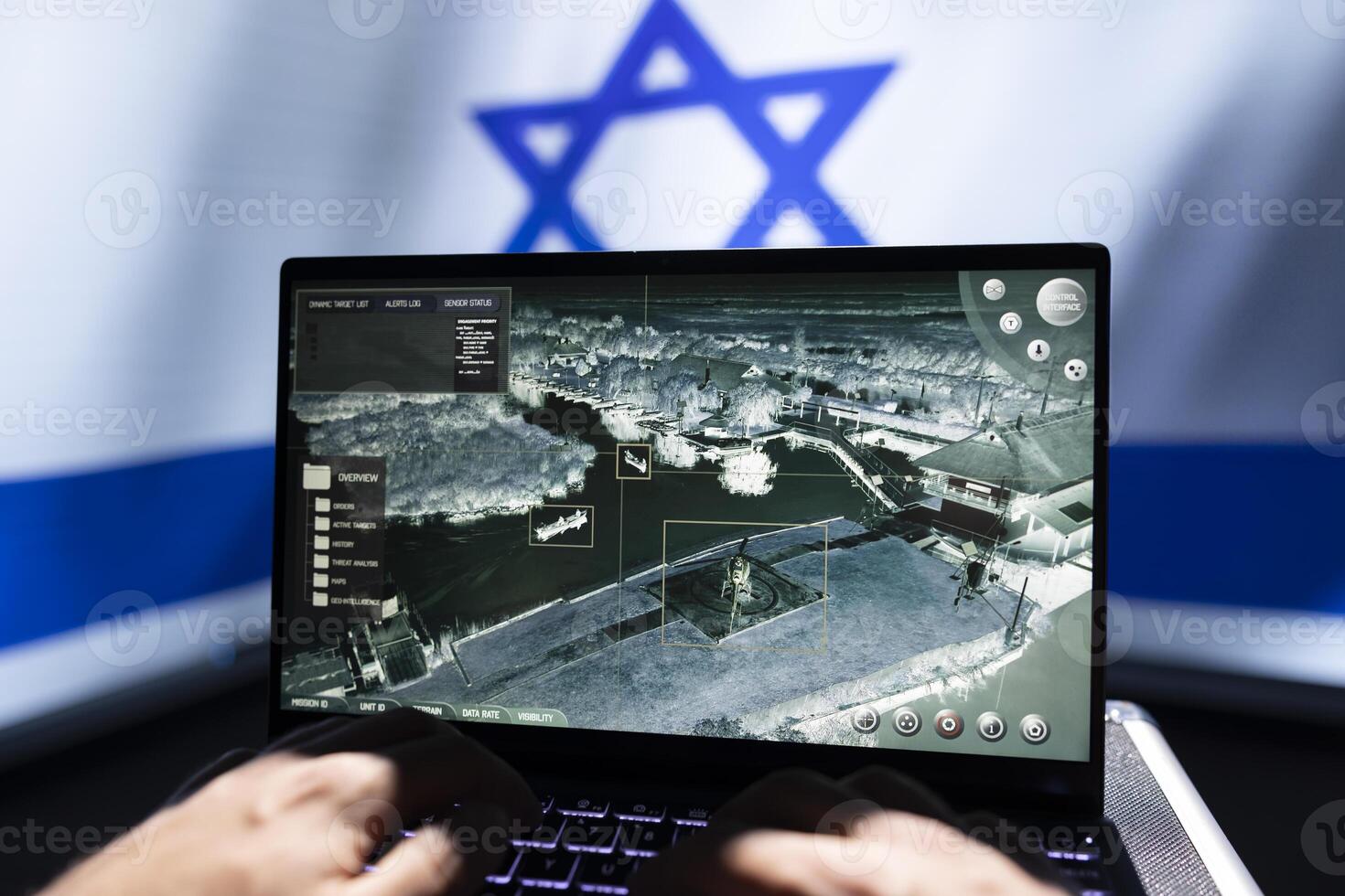 Israeli military personnel working on laptop, analyzing aerial reconnaissance data to come up with warfare winning tactics. Army specialist controlling drone, attacking strategic targets photo