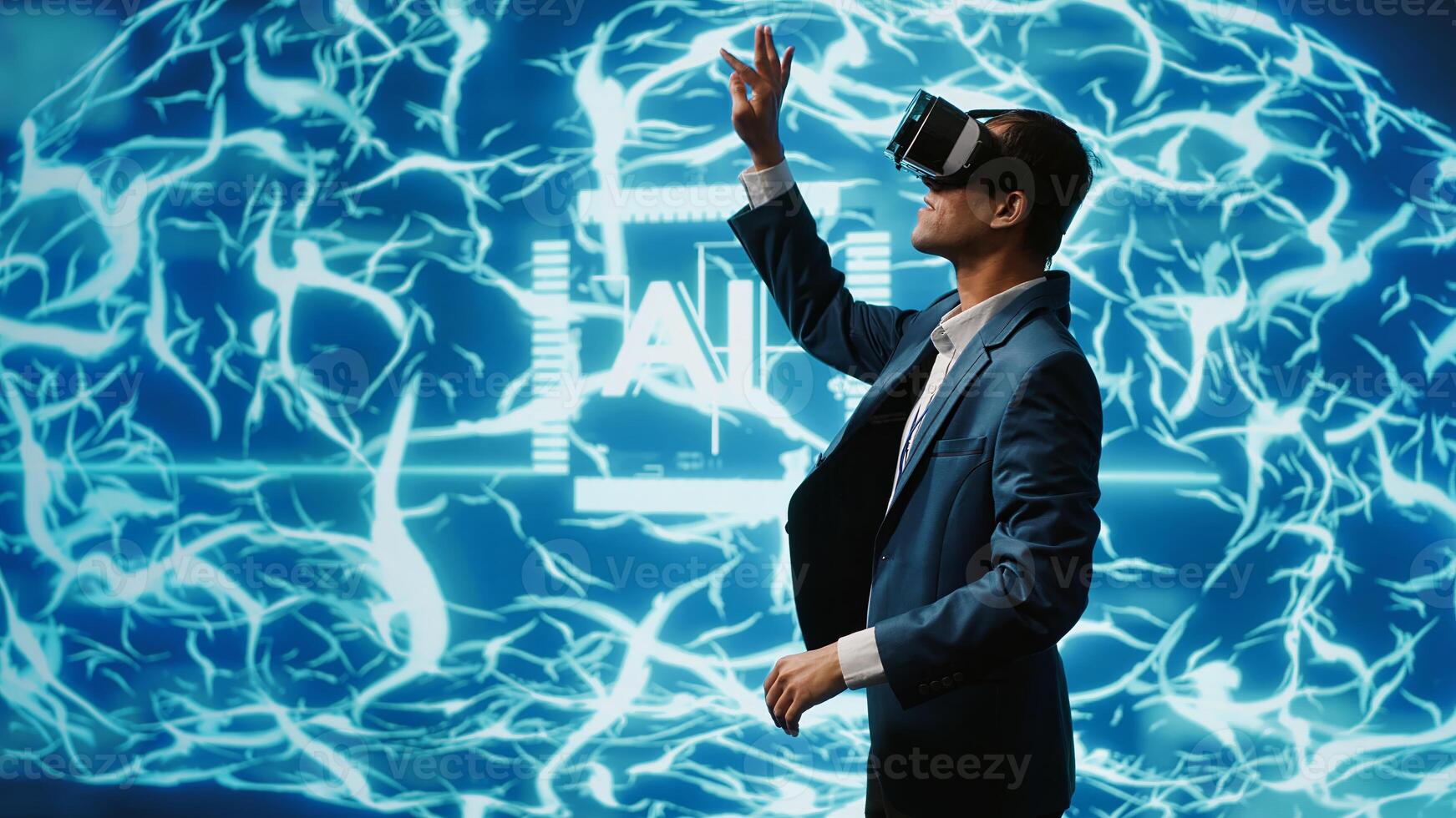 System administrator wearing VR headset looking at hologram of artificial intelligence human brain simulation. IT expert interacting with AI visualization showing deep learning algorithms, camera A photo