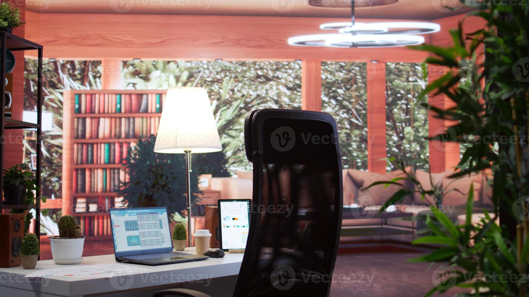 Empty modern office of a business entrepreneur with laptop running financial analysis plans for startup investment and expansion. Remote work on infographics and bank account analytics. photo