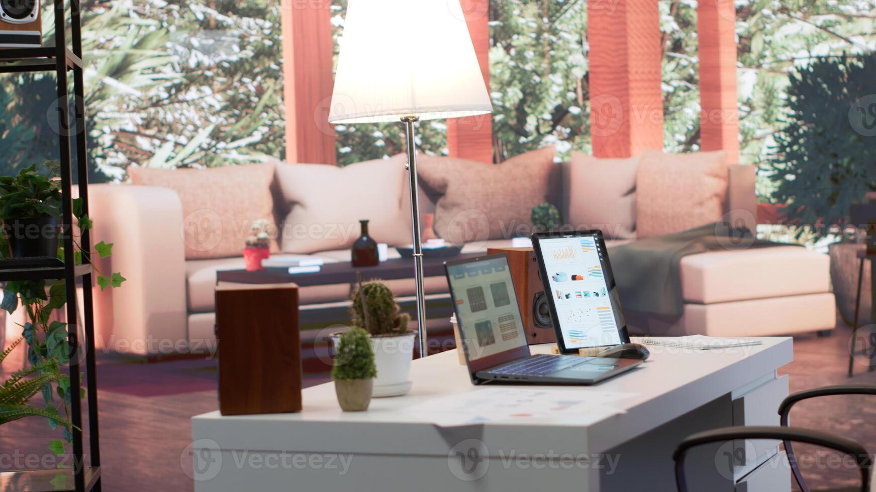 Empty home office desk filled with documents and business reports on laptop, space used for a person to study the market and work on accountancy. Startup budget balance analysis. photo