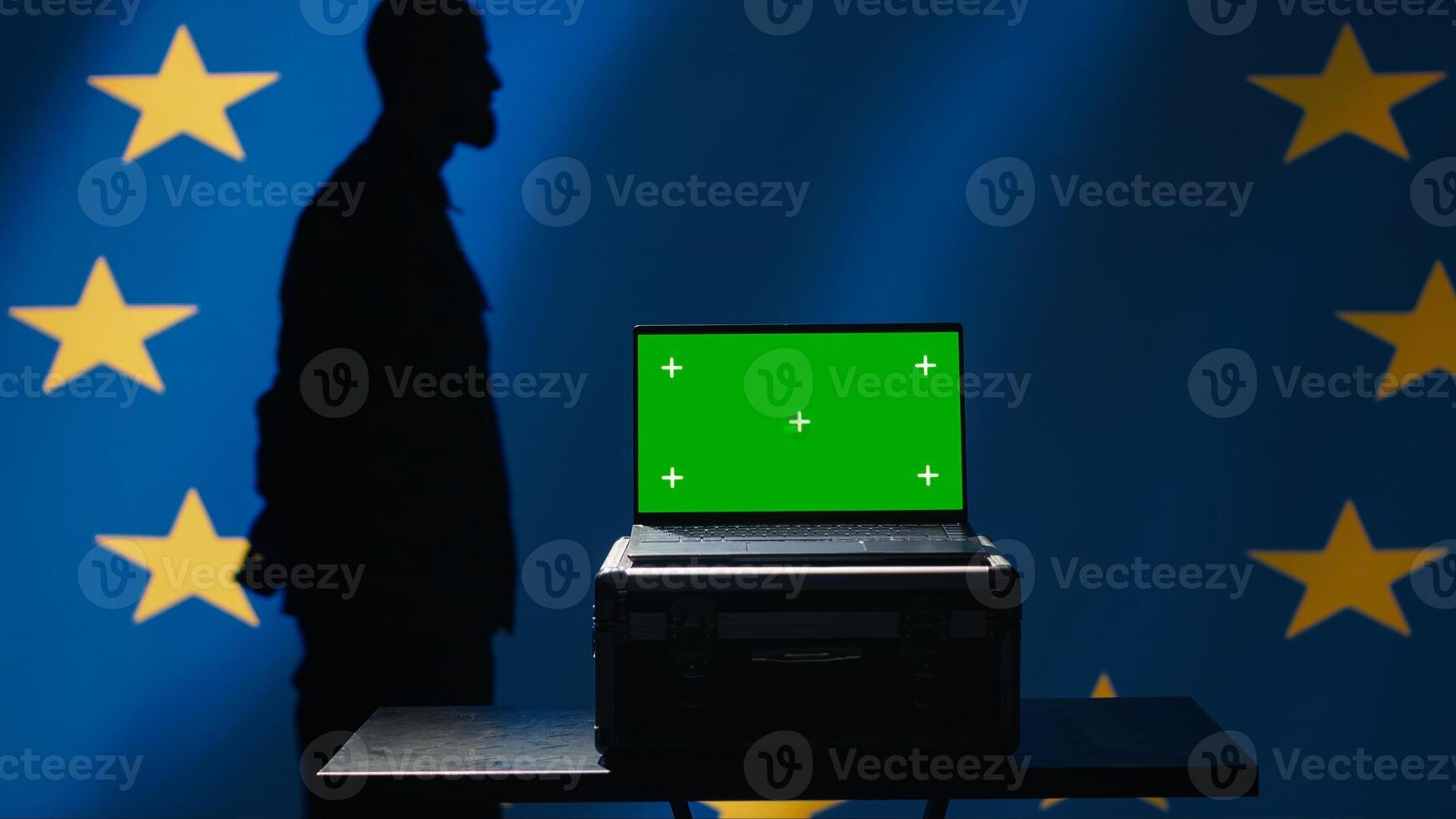 European Union using radar system on green screen laptop to detect missiles attacking member states. EU alliance army soldier scanning rockets approaching countries using mockup notebook, camera A photo