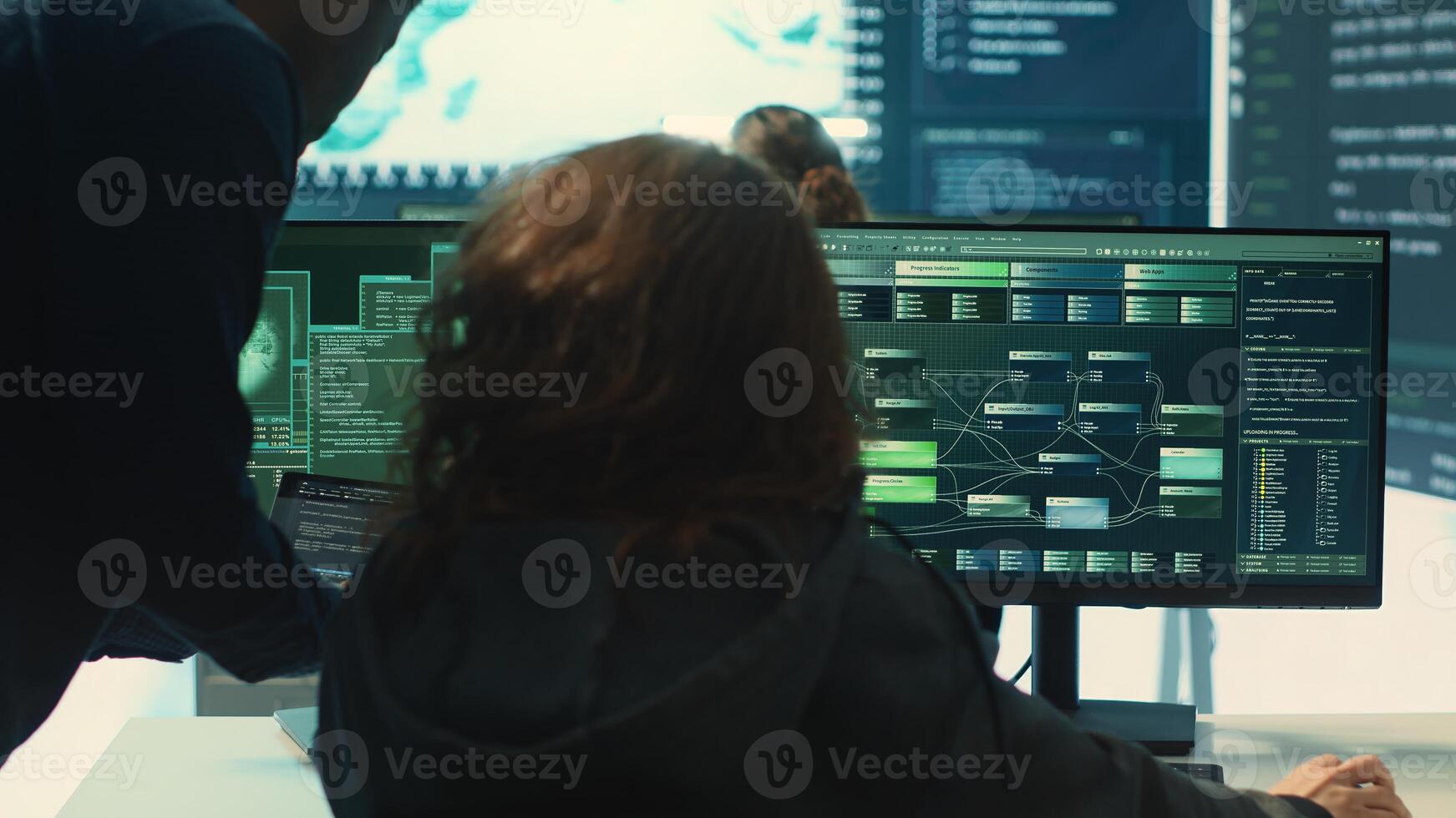 Governmental hackers team working on digital security and cyber defense measures, using pc and big screen. Experts focusing on cyber operations, network security and server protection. Camera A. photo