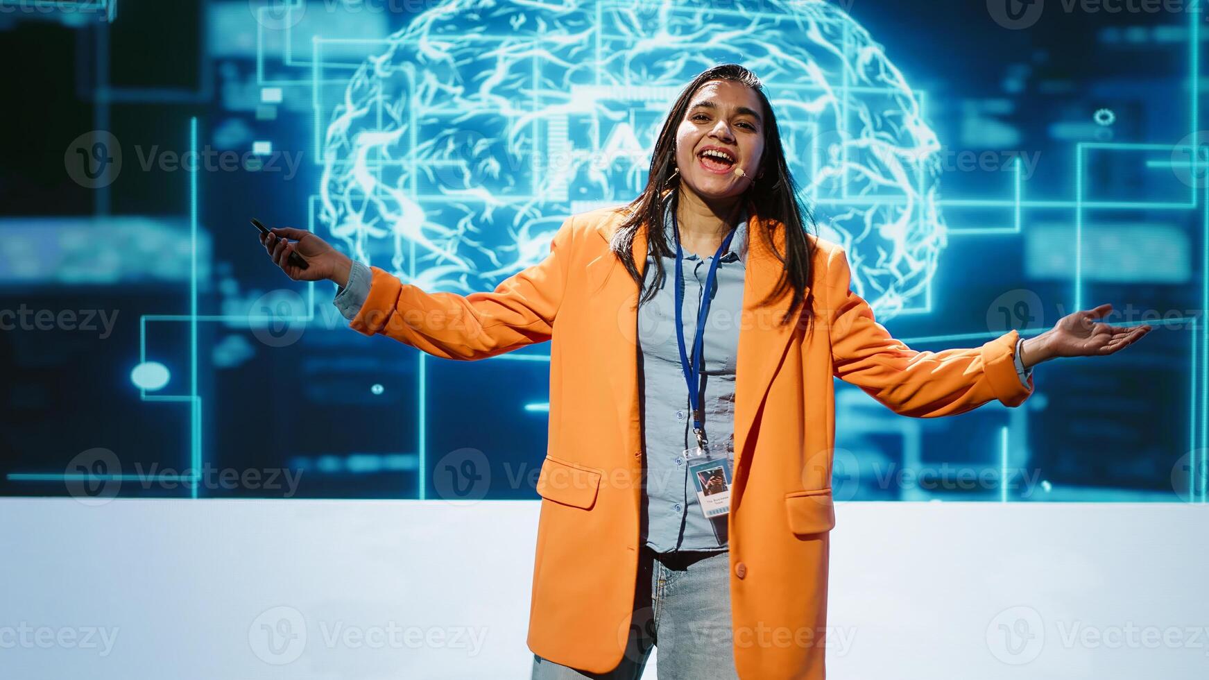 Speaker talking with world leading technology experts and innovators meeting at event to do deep dive into artificial intelligence technology. Expert showcasing latest innovations in AI, camera A photo