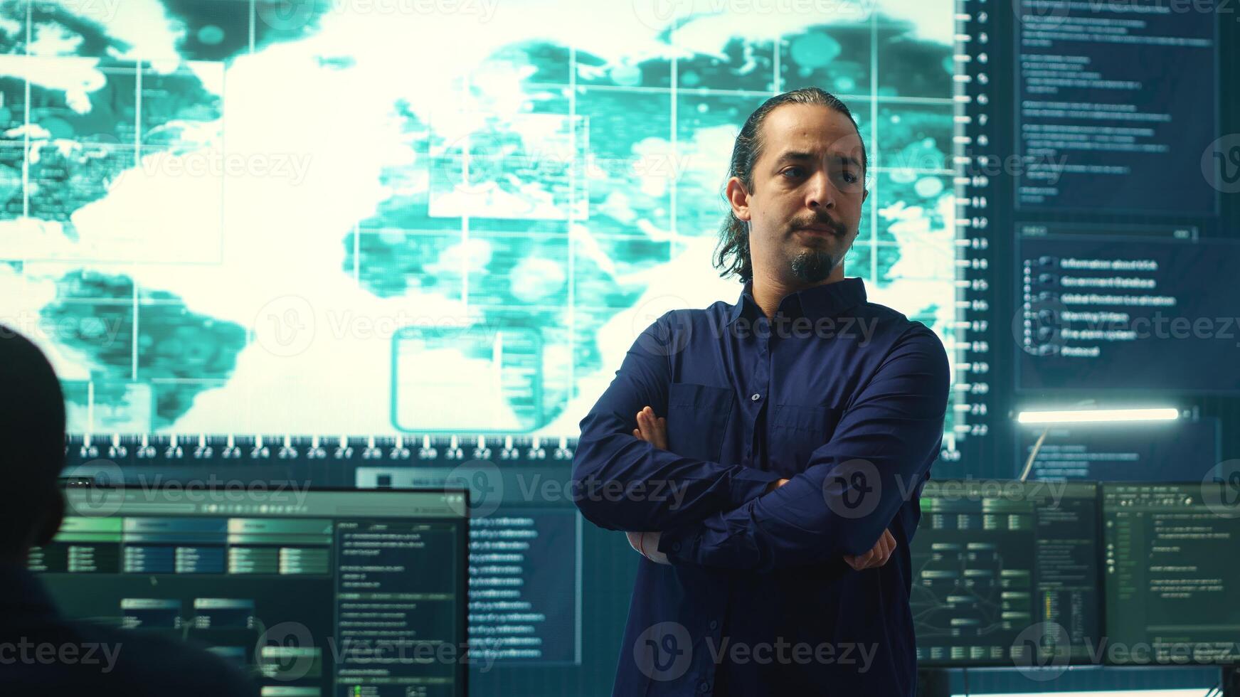Cybersecurity team investigating cybercrime and malware attacks. IT security experts analyzing threats and protecting national security, working on data protection and privacy. Cyberwarfare. Camera A. photo