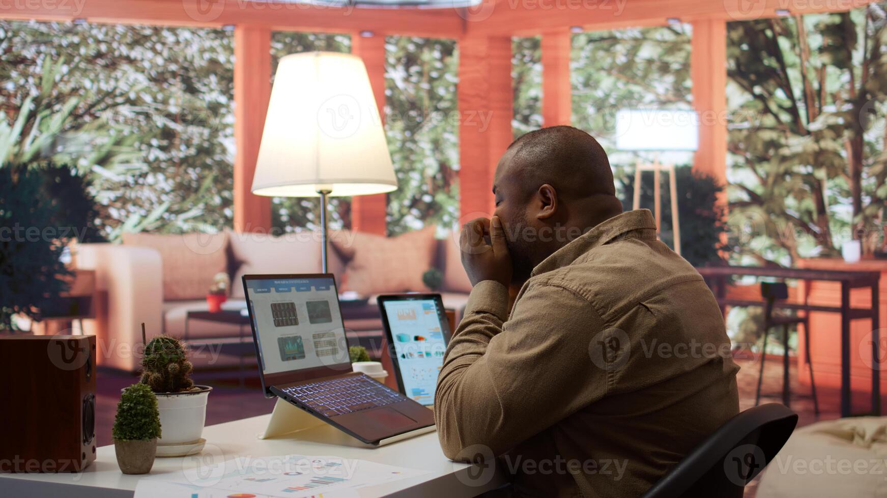Sales specialist reviews financial reports and performance metrics to assess the expansion plans from his home office. Business consultant examines online infographics and expenses. Camera B. photo