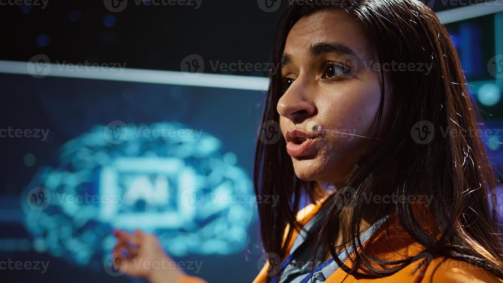 AI expert showcasing new cutting edge technologies, discussing industry advancements. Extreme close up of woman sharing latest developments in AI and Big Data industries, camera B photo