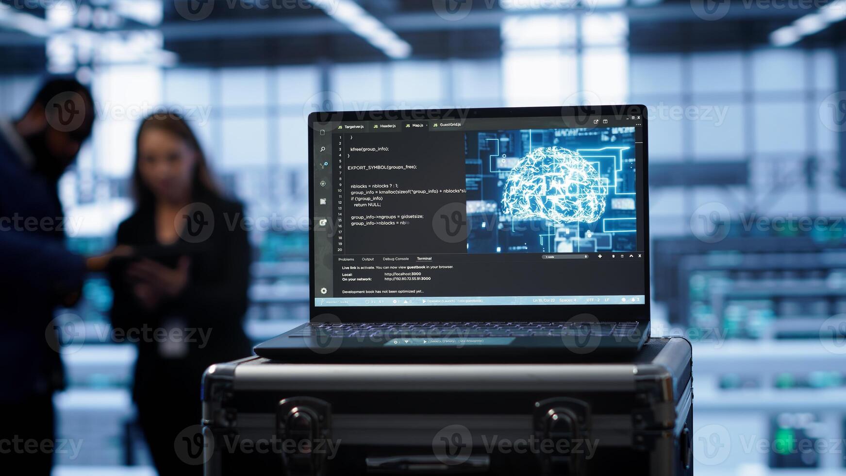 Focus on laptop in data center with artificial intelligence brain used by engineers in blurry background. Close up of device displaying AI deep learning software in server farm, camera A photo