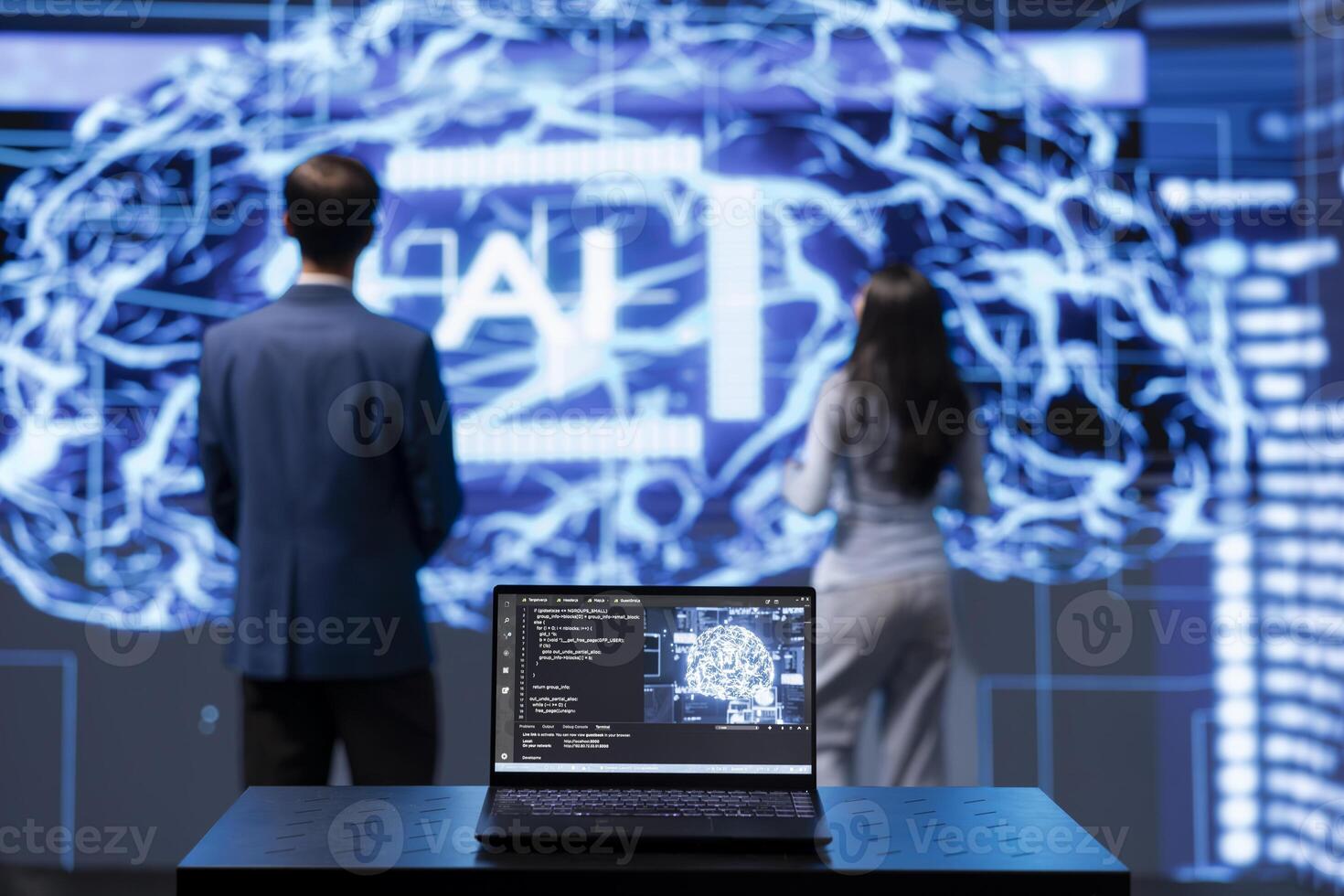 Team of engineers using AR tech to visualize AI neural networks brain, solving company problems in modern lab. IT specialists using artificial intelligence augmented reality hologram photo