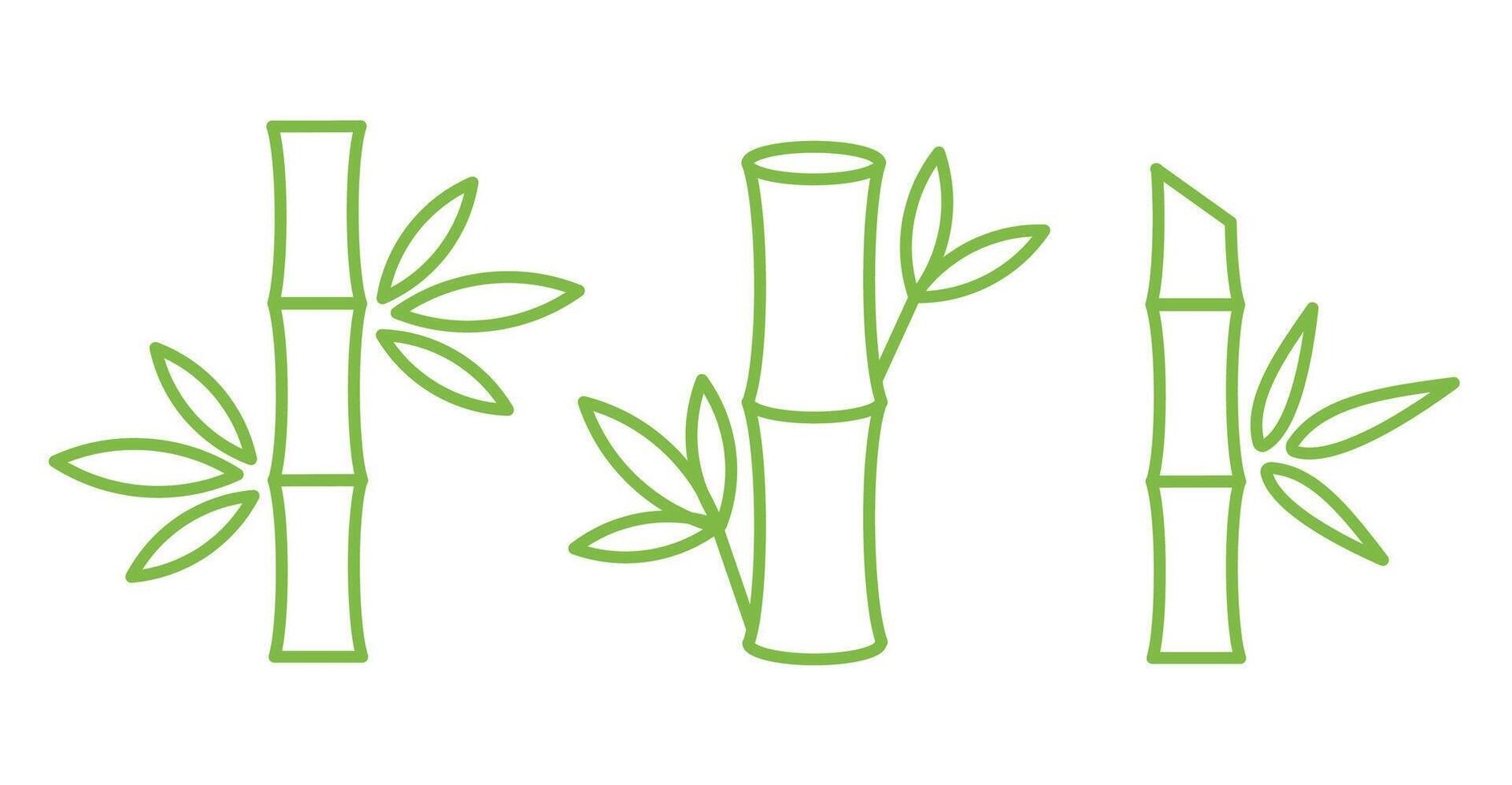 Bamboo line icons set. Elements of raw stem with leaves. Outline green illustration. Bamboo stems segments with leaves. Organic green eco material or ingredient. vector