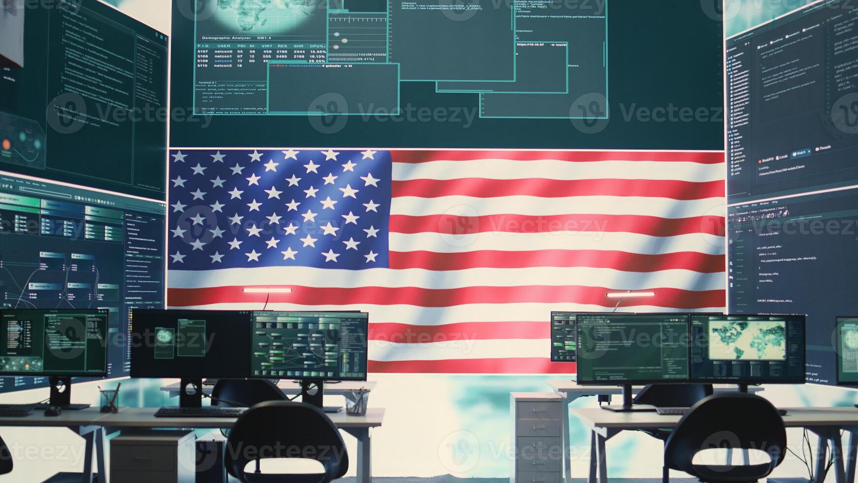 Empty cyber environment featuring the American flag on a big screen. Emphasizing cyber operations, digital safety and advanced technology for information security and cyber defense. Camera B. photo