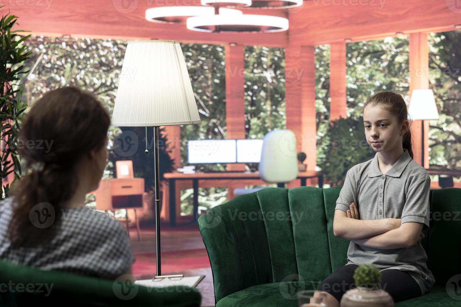 Girl opening up about problems in counseling session focused on self esteem issues. Teenager seeks guidance and professional advice to help with trauma and hormonal shifts. Psychotherapy. photo