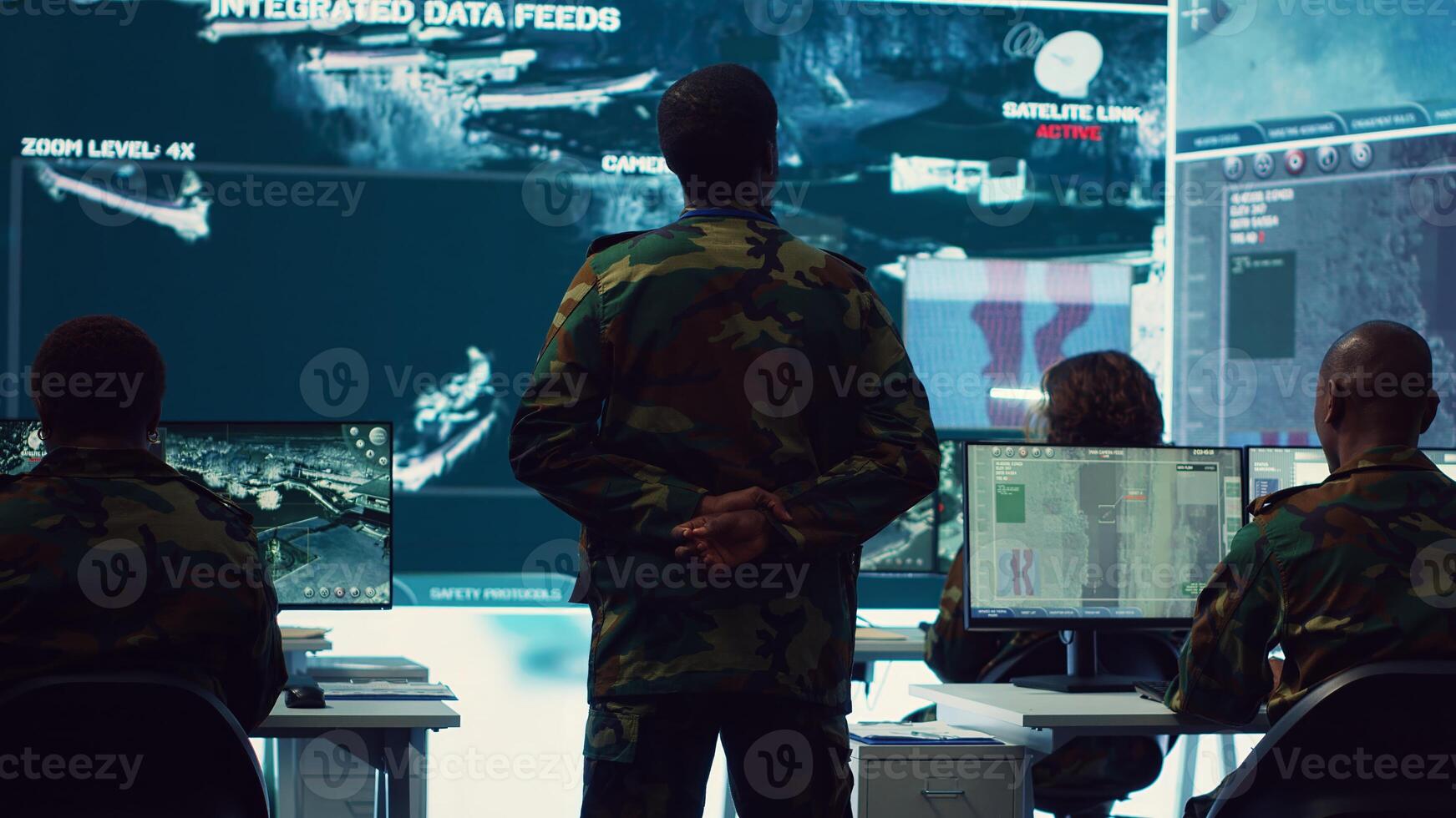 Military unit leader conducts reconnaissance operation to gather data and support troops in the field. Uses command center gear to provide crucial information, federal satellite radar. Camera A. photo