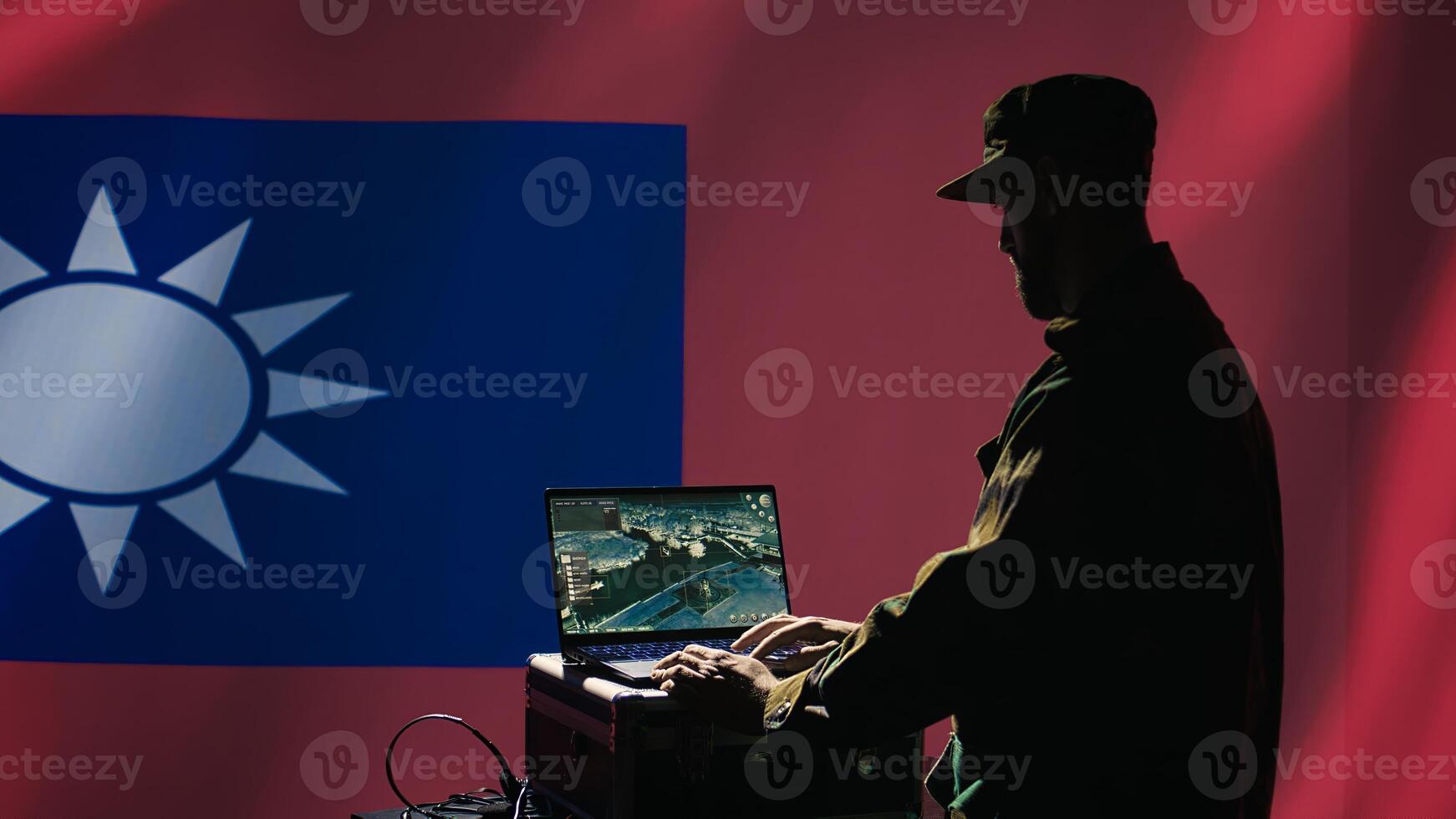 Taiwan freedom fighters air defense command operator using radar to detect ballistic missiles launched by China. Taiwanese army soldier scanning rockets during military invasion, camera B photo