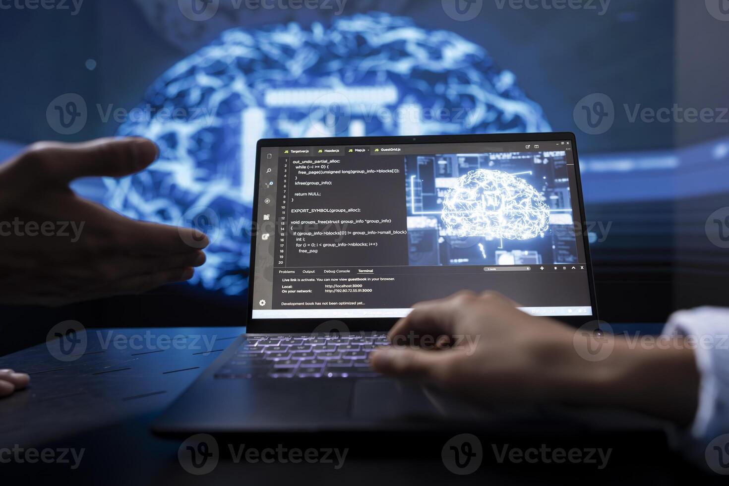Technician and colleague use AI cognitive computing to extract information from complex data on laptop. Close up of teamworking IT experts using artificial intelligence on notebook photo