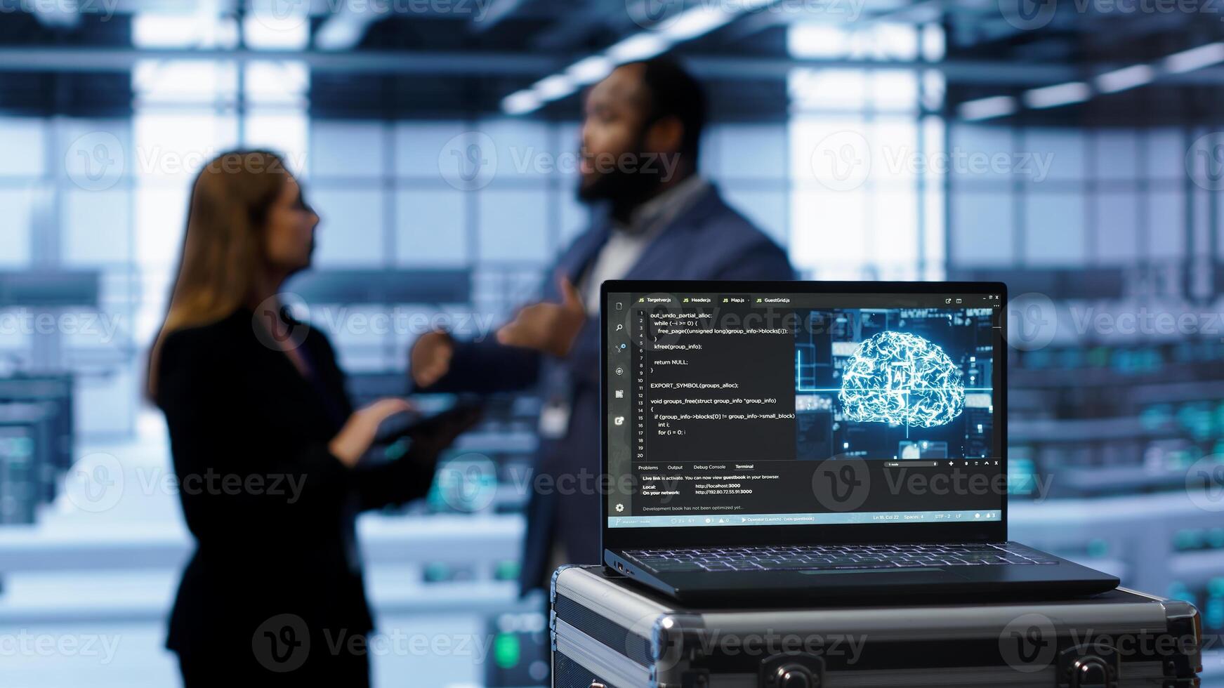 Focus on notebook used by server farm technicians in background using artificial intelligence computerized model. Close up of device with AI neural networks using pattern recognition, camera A photo