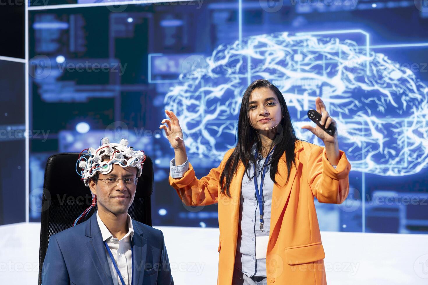 Portrait of specialist speaking at tech event, explaining impact of neural implants and AI technology. Neuroscience researchers present risks and threats associated with conscience transferring photo