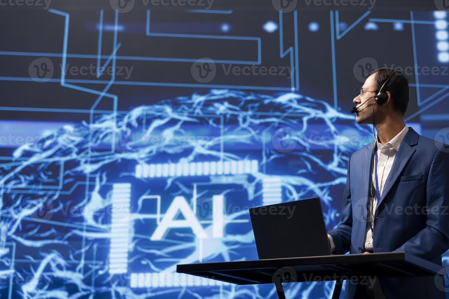 Public speaker talking with audience during remote call online AI webinar hosting leading experts and researchers exploring latest insights in artificial intelligence technology photo