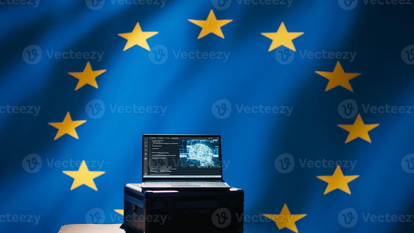 AI technology used by European Union alliance to combat illegal bot accounts on social media. Artificial intelligence algorithms detecting fake news running on laptop in EU command center, camera B photo
