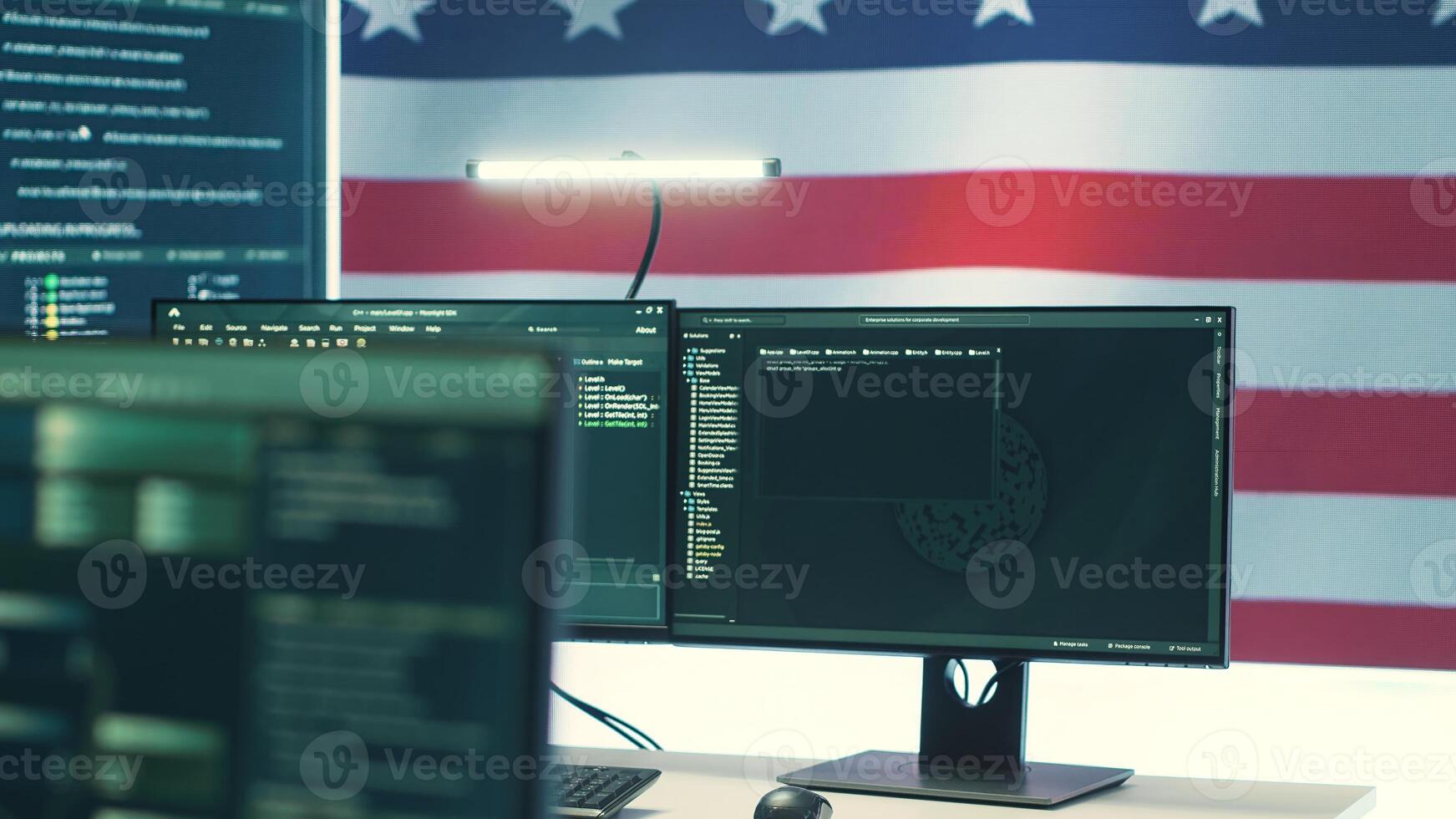 Governmental security operations center with an USA flag. Focus on cyber threat analysis, secure operations and digital forensics to protect information and ensure cyber safety. Camera A. photo