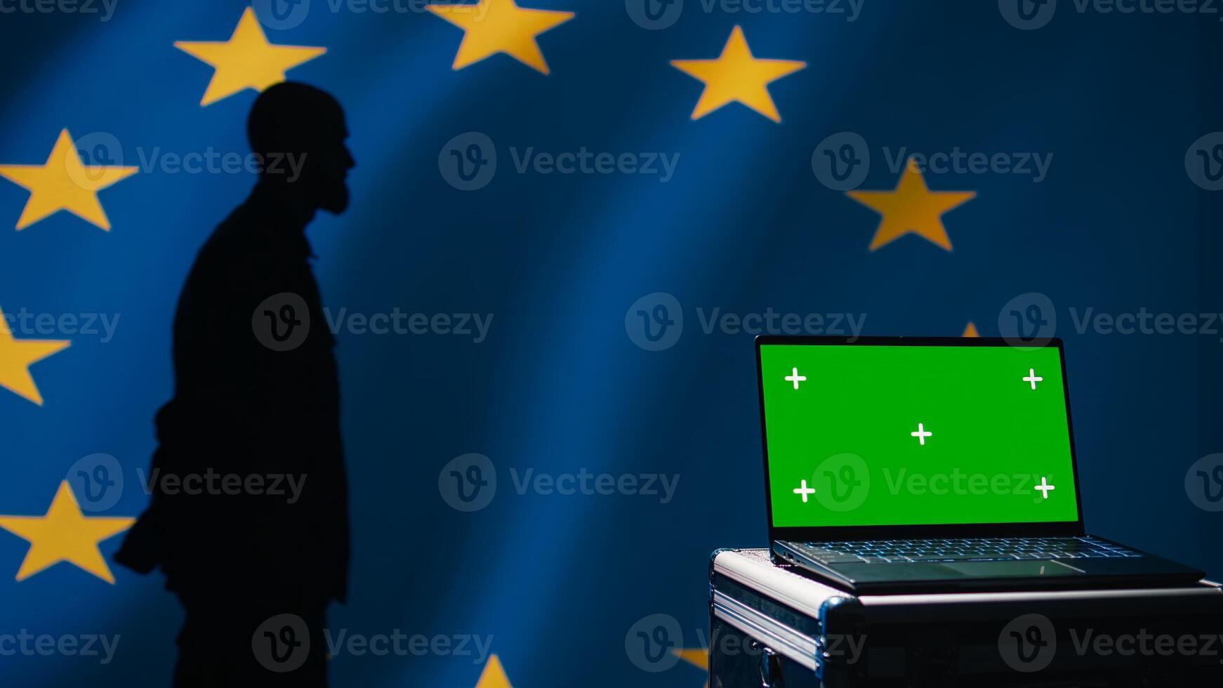 European Union using radar system on green screen laptop to detect missiles attacking member states. EU alliance army soldier scanning rockets approaching countries using mockup notebook, camera B photo