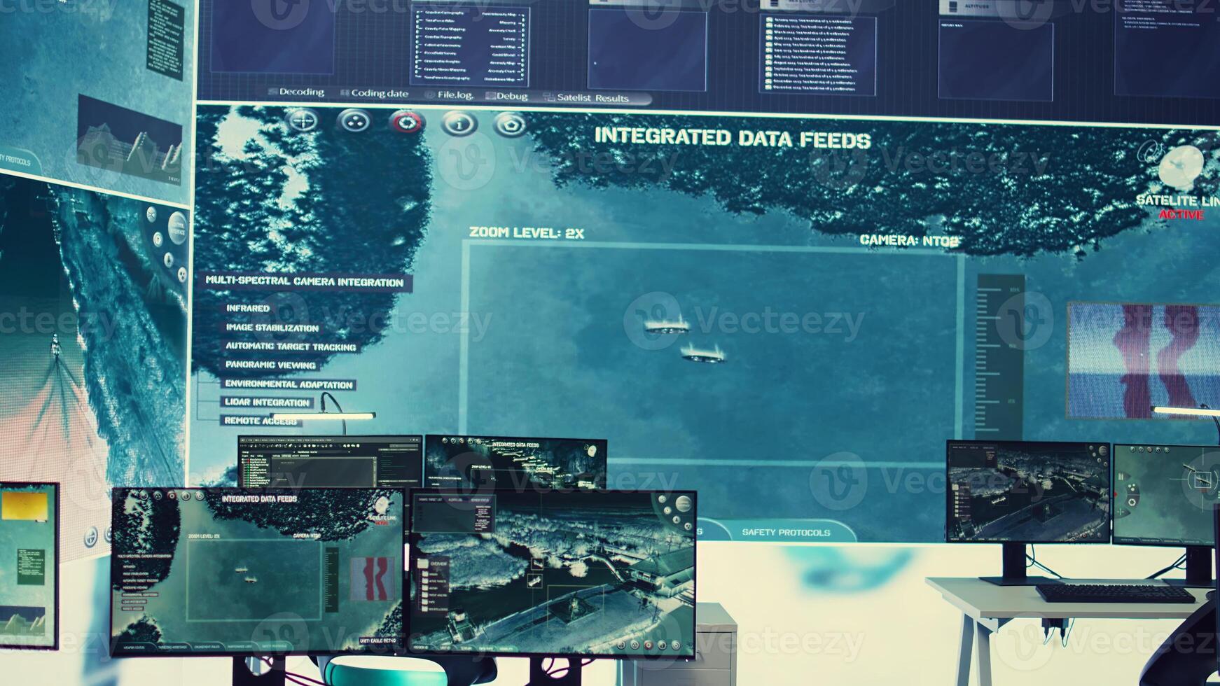 Federal army headquarters operation room with big screen used in monitoring satellite radar footage for threat oversight. Empty military agency command center with high tech gear. photo